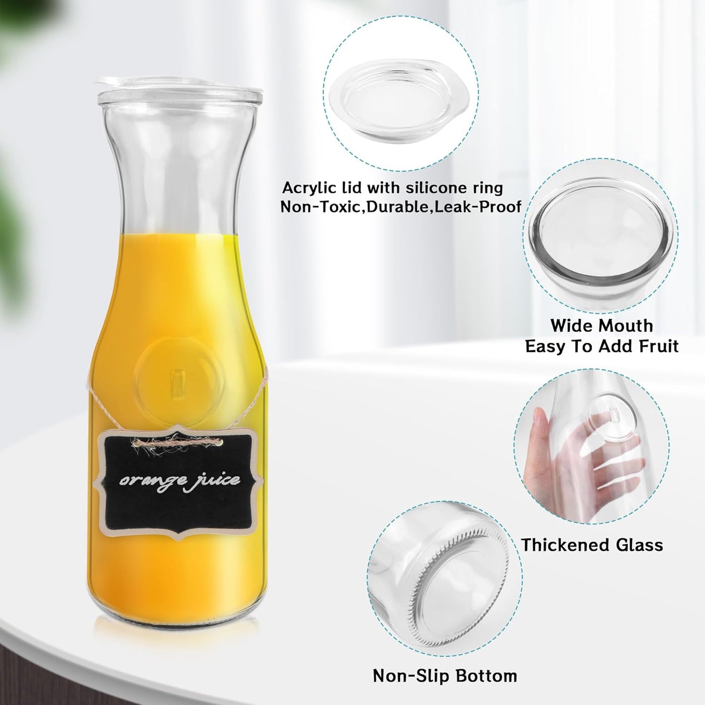 Glass Carafe with Acrylic Lid,35 Oz Beverage Dispensers Carafe,Mimosa Bar Supplies,Clear Glass Pitcher with Name Labels for Iced Tea,Coffee,Juice(Set of 2)