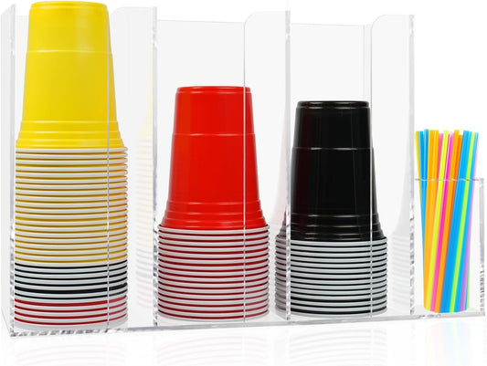 4 Compartments Acrylic Cup and Lid Holder, Clear Disposable Coffee Cup Holder Organizer,Cup Dispenser for Kitchen Bar Shop Party Supplies