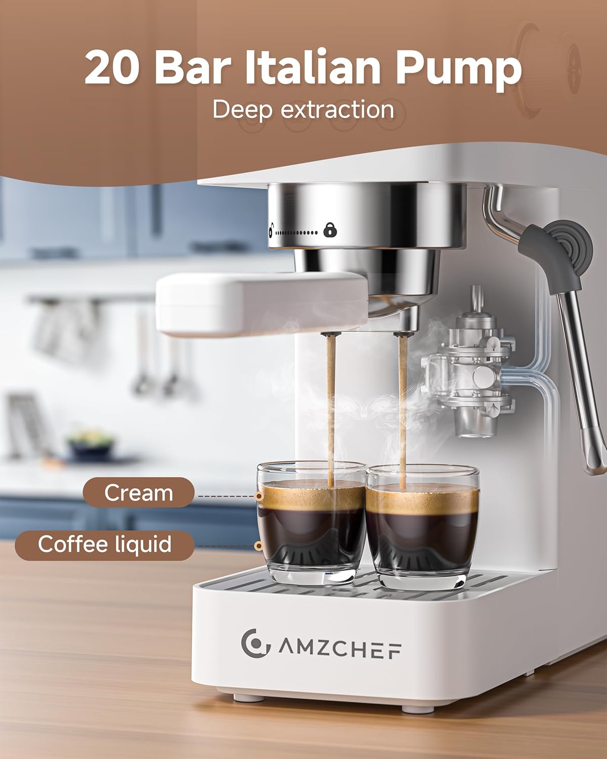 AMZCHEF Espresso Machine 20 Bar, Compact Espresso Maker with Steam Milk Frother, Coffee Maker with 41oz Removable Water Tank for Home, Coffee Machine for Cappuccino, Latte, Americano, 1350W