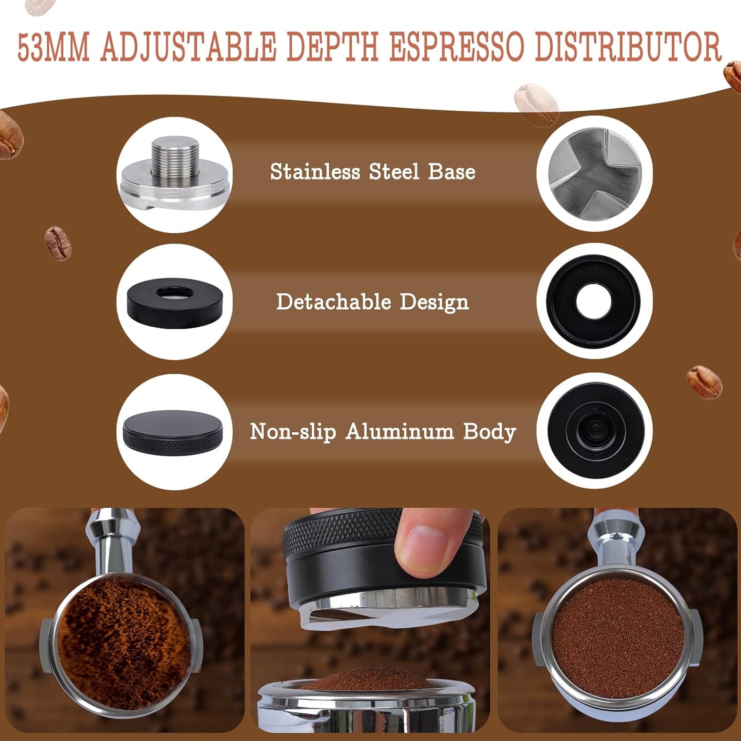 53mm Espresso Tamper Set - Spring-loaded Coffee Tamper, Adjustable Depth Espresso Distributor Leveler, Magnetic Dosing Funnel Aluminum Metal, Reusable Puck Screen, Fit for 53mm Portafilters