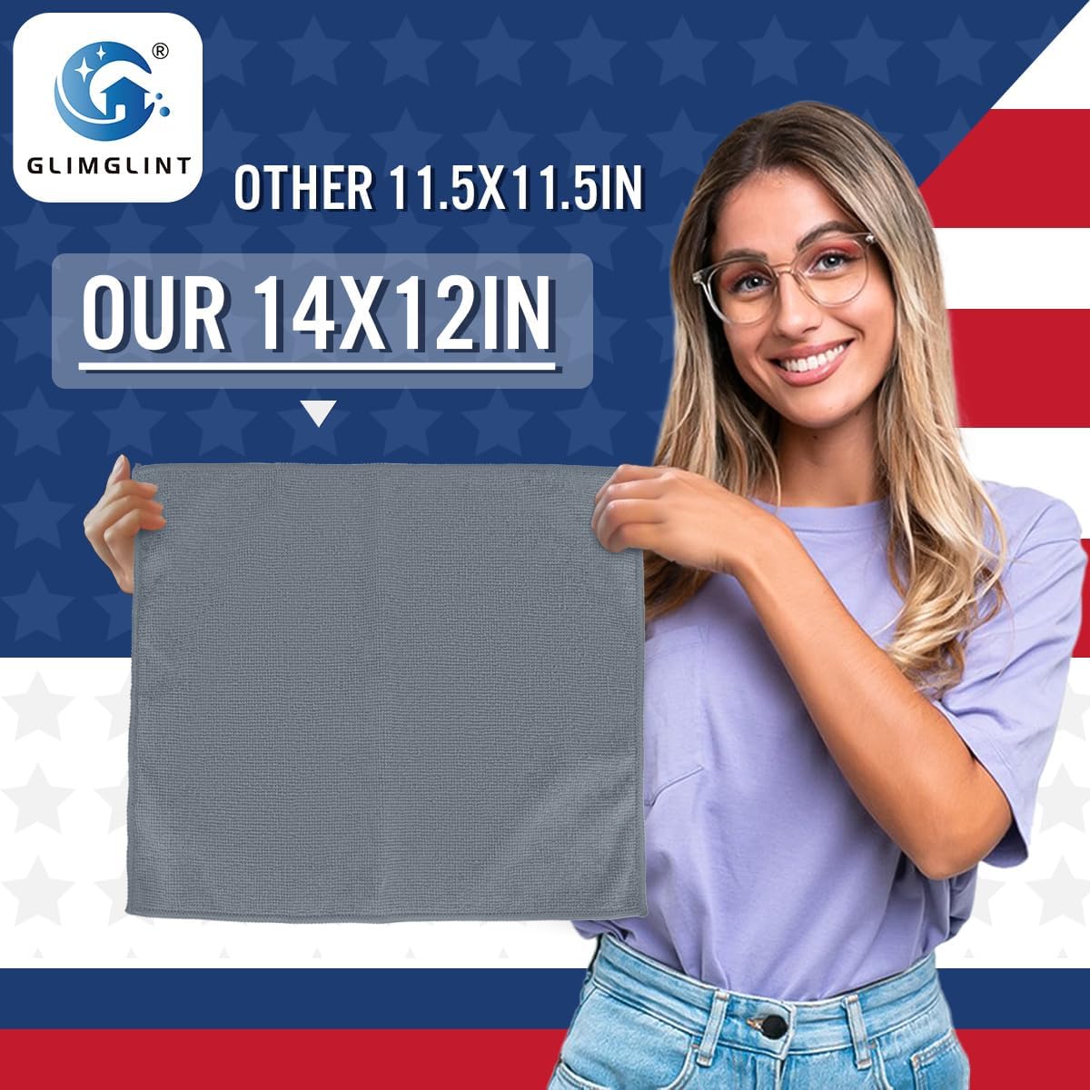 GLIMGLINT Grey Microfiber Cleaning Cloth, 12 Pack Cleaning Towels for Kitchen, Lint Free, Scratch-Free, Highly Absorbent, and Reusable Cleaning Rags for House, Window and Glass, Cars, 14"X12"