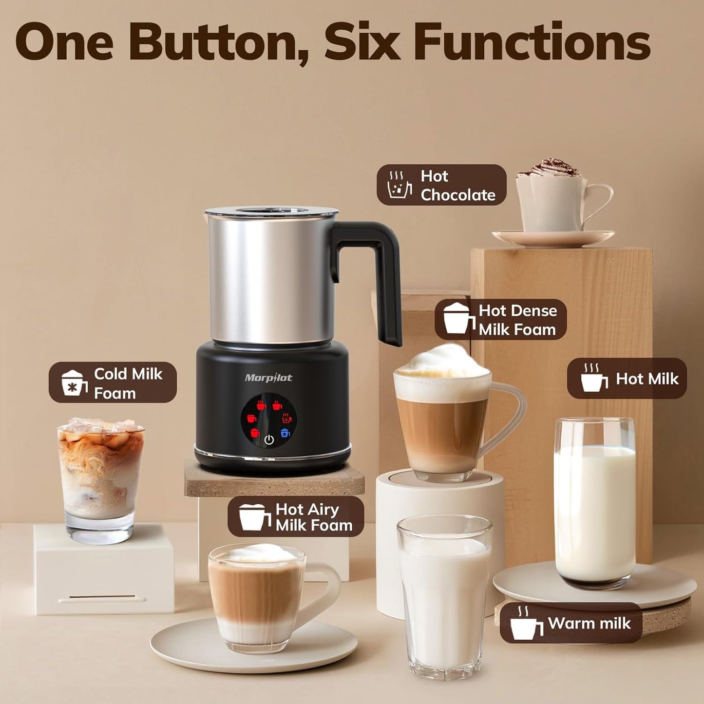 Large Electric Milk Frother and Steamer, 16.9oz/500ml Milk Steamer and Frother for Latte or Hot Chocolate, Dishwasher Safe, 6 Functions, Enjoy Perfect Milk Froth in 2 Min (Black-Stainless Steel)