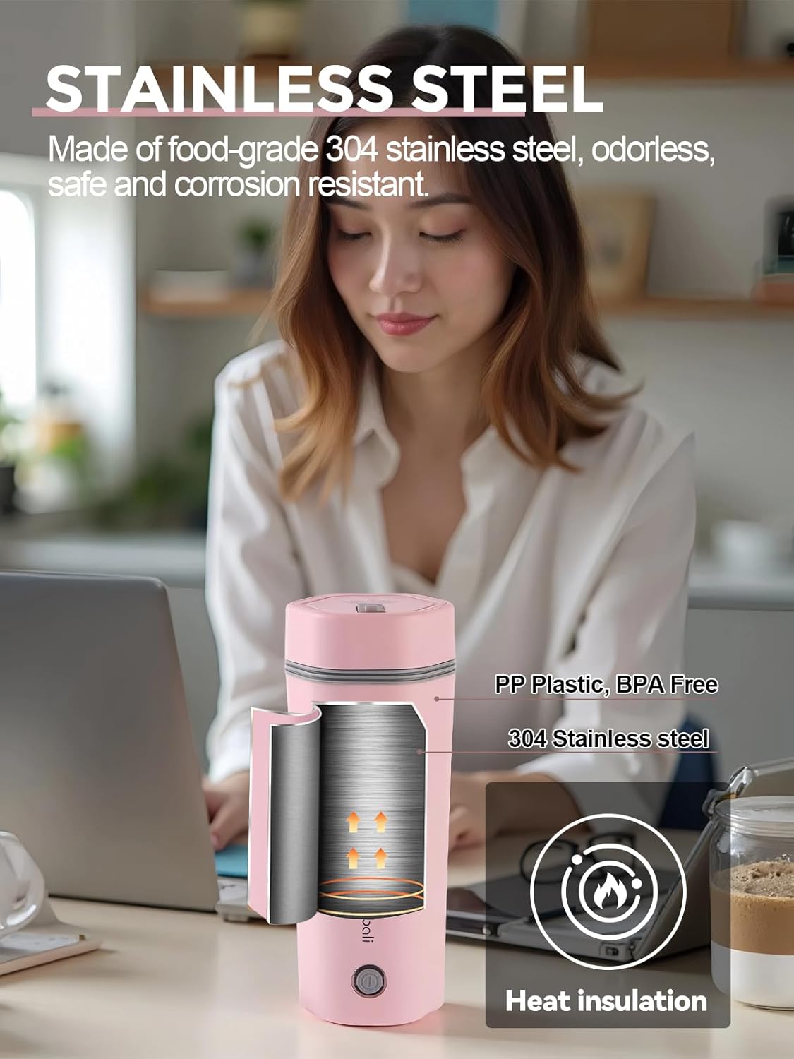 balbali Travel Kettle - 12oz Portable Electric Kettle for Boiling Water - Self Heating Cup/Thermos - Single Size Personal Tea Maker -Hot Water Boiler/Heater/Warmer - Pink