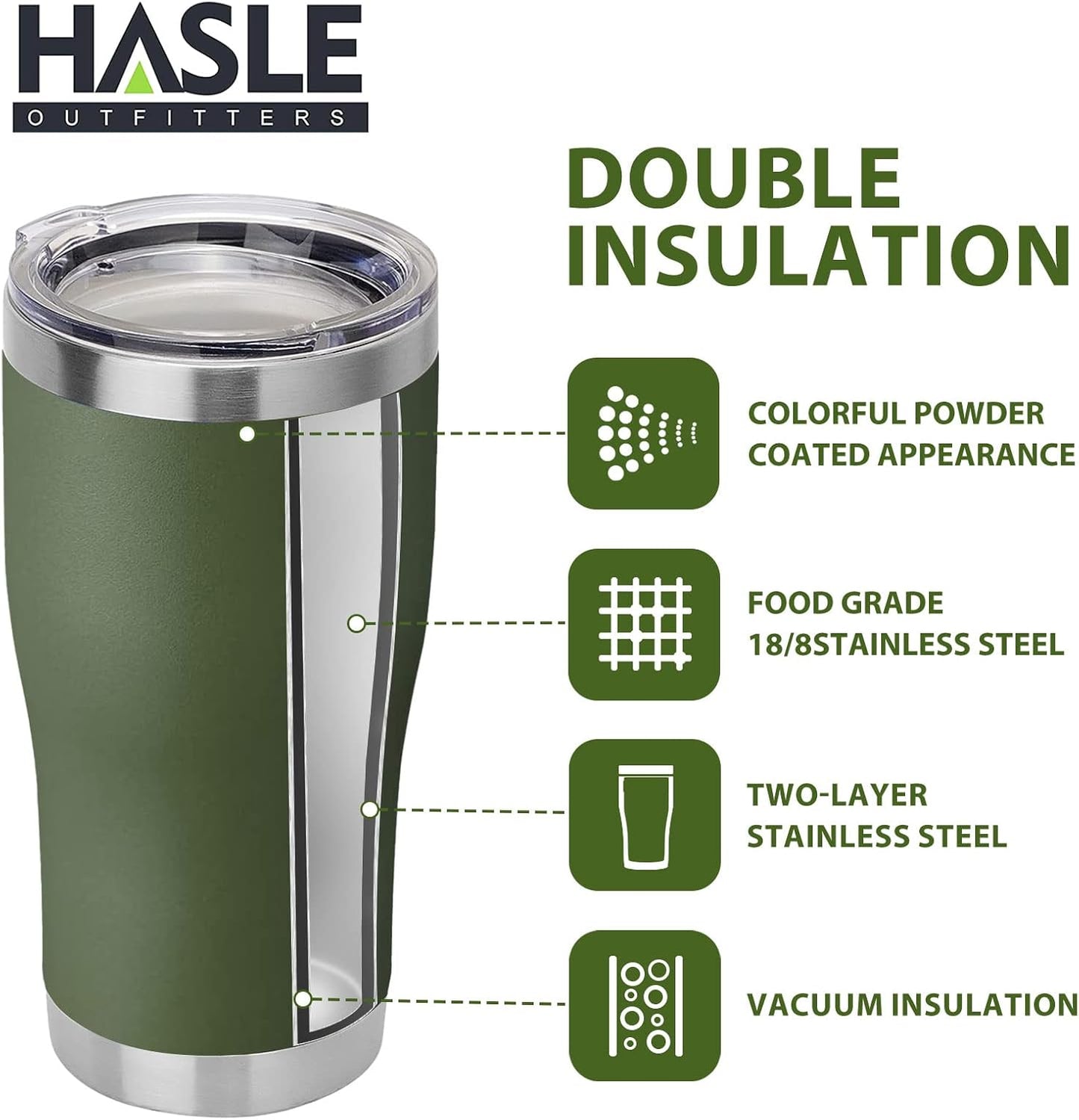 HASLE OUTFITTERS 20 oz Tumbler Bulk, Stainless Steel Tumblers with Lid, Vacuum Insulated Tumbler, Double Wall Powder Coated Cup, coffee mugs, Army Green, 6 Pack