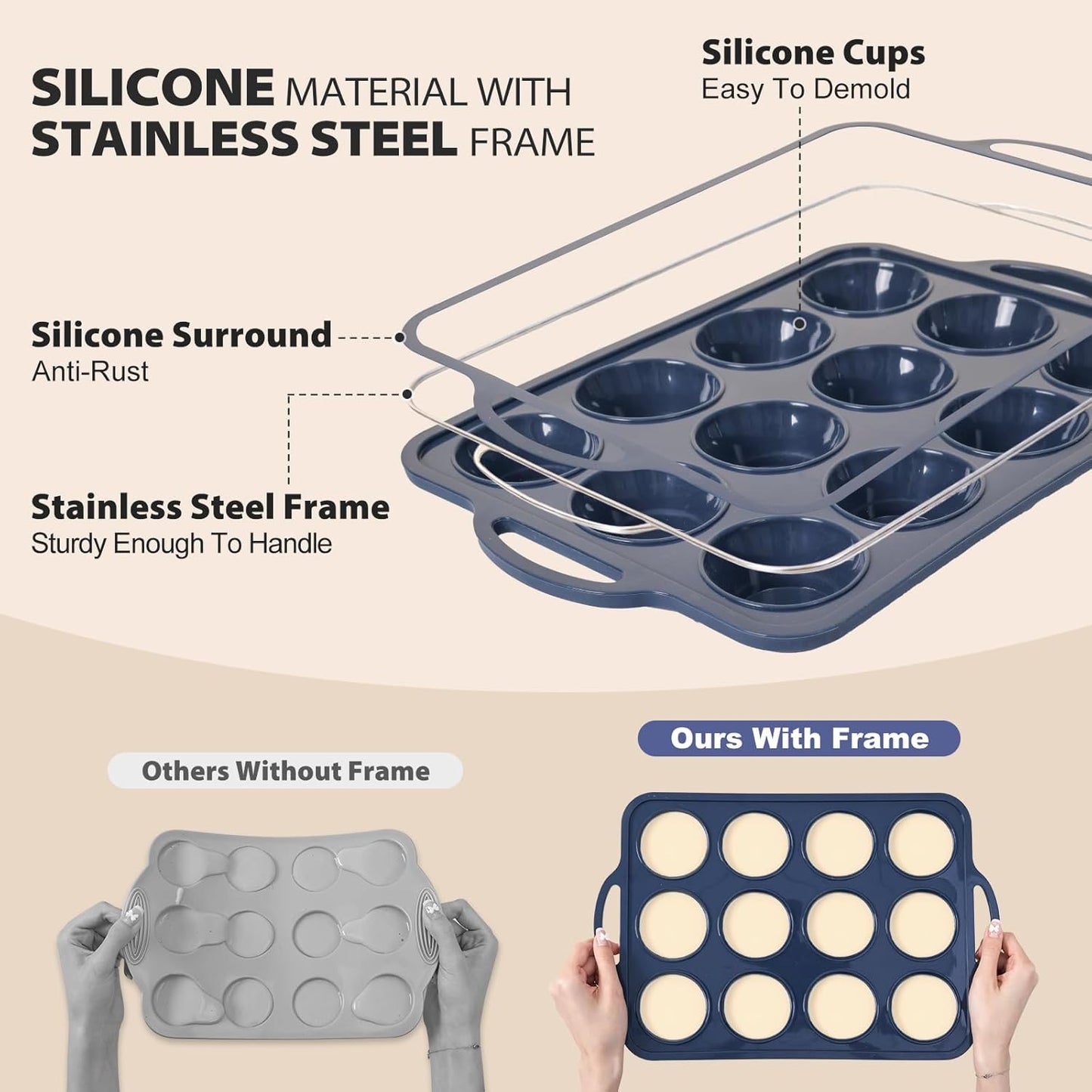 2 pack Silicone Muffin Pan with Metal Frame, Non Stick Silicone Cupcake Pan with Handles Regular 12 Cup, BPA Free Silicon Muffin Tin Tray for baking, egg bites, Cupcake Mold Grey