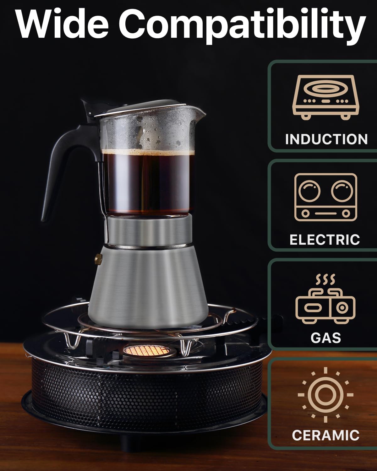 Grasseed Stainless Steel Moka Pot, Crystal Glass-top Coffee Maker Mocha Pot, Italian Stovetop Espresso Maker for Coffee - 9 Cup/360ml