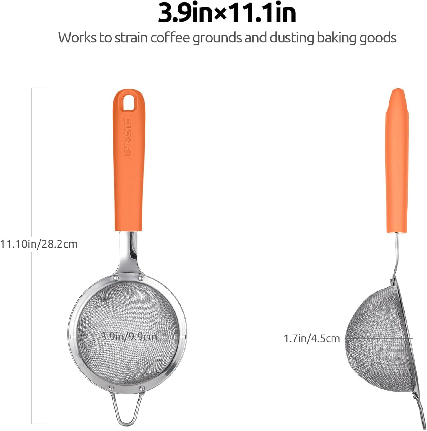 18/8 Stainless Steel Mesh Strainer: U-Taste 3.9 Inch Kitchen Fine Mesh Sieve Food Colander with Riveted Sturdy Silicone Handle and 30 Mesh Hole for Straining Flour, Quinoa, Tea, Juice (Orange)
