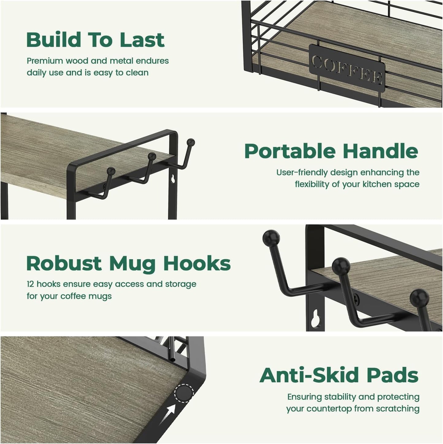 EsLuker.ly Coffee Mug Cup Holder Stand Bar Station Organizer for Countertop, Multi-Functional 2 Tier Mug Tree Rack for Kitchen, Storage Shelf with 12 Hooks, Grey Oak-Black(Patented Design)