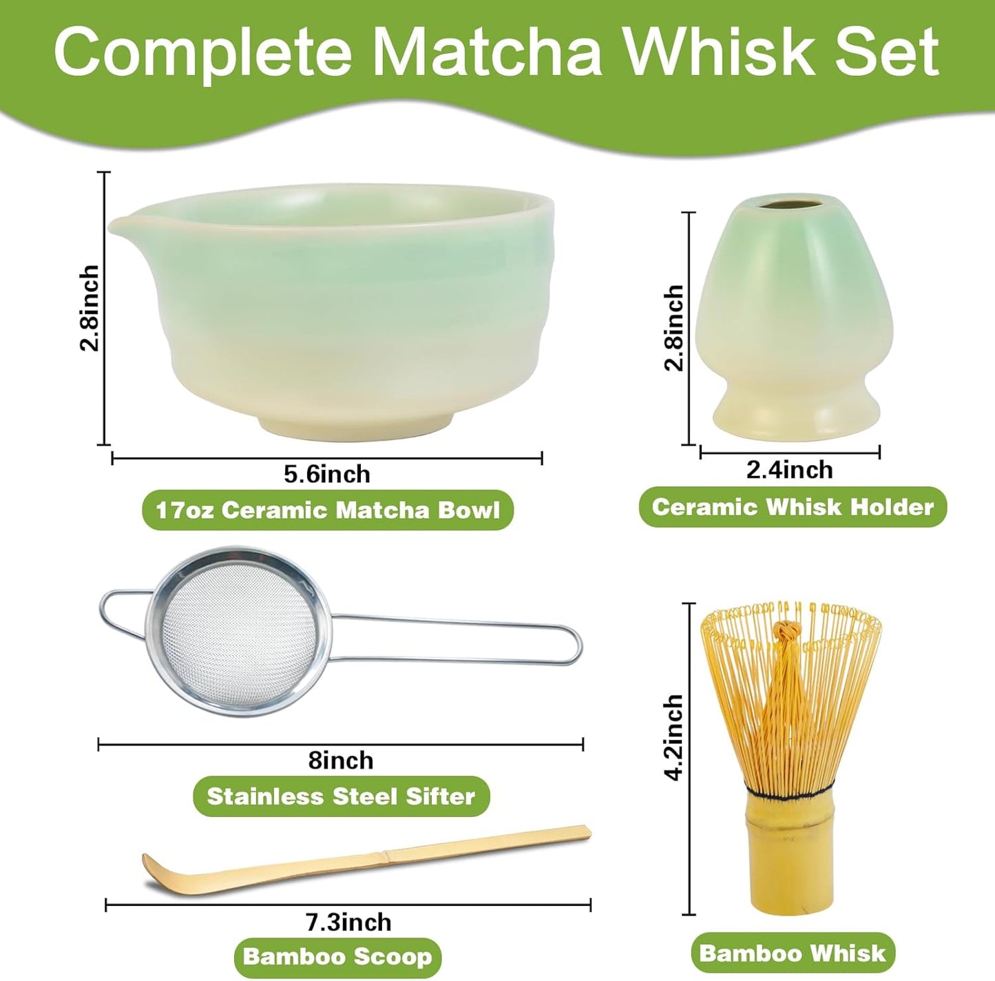 Matcha Whisk Set, 5pcs Japanese Ceremony Matcha Tea Kit Includes Ceramic Matcha Bowl with Spout, Bamboo Whisk & Holder, Traditional Scoop, Stainless Sifter, Gift for Matcha Lovers Beginner