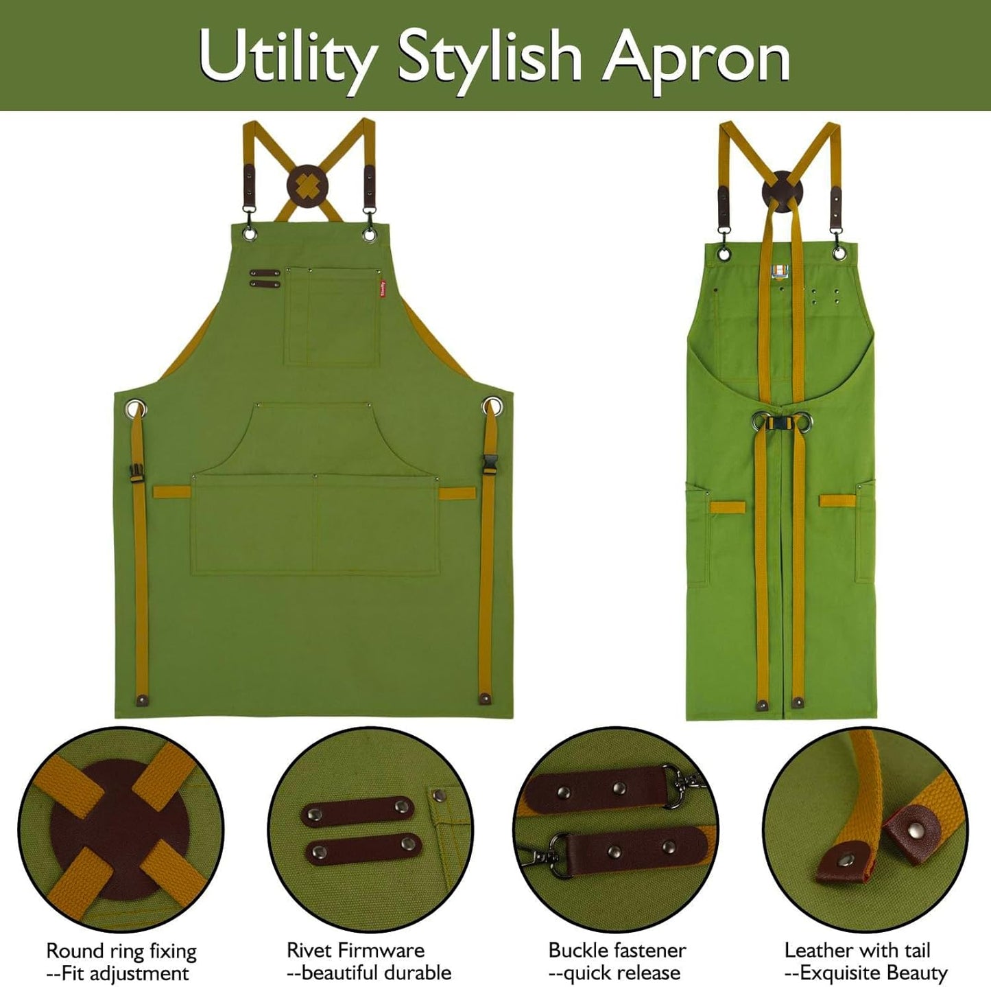 5 Pack Kitchen Apron, Work Apron, Canvas, Multiple Pockets, Gardening, Painting, BBQ, Artist, Carpenter, Sizes M to XXL, Olive