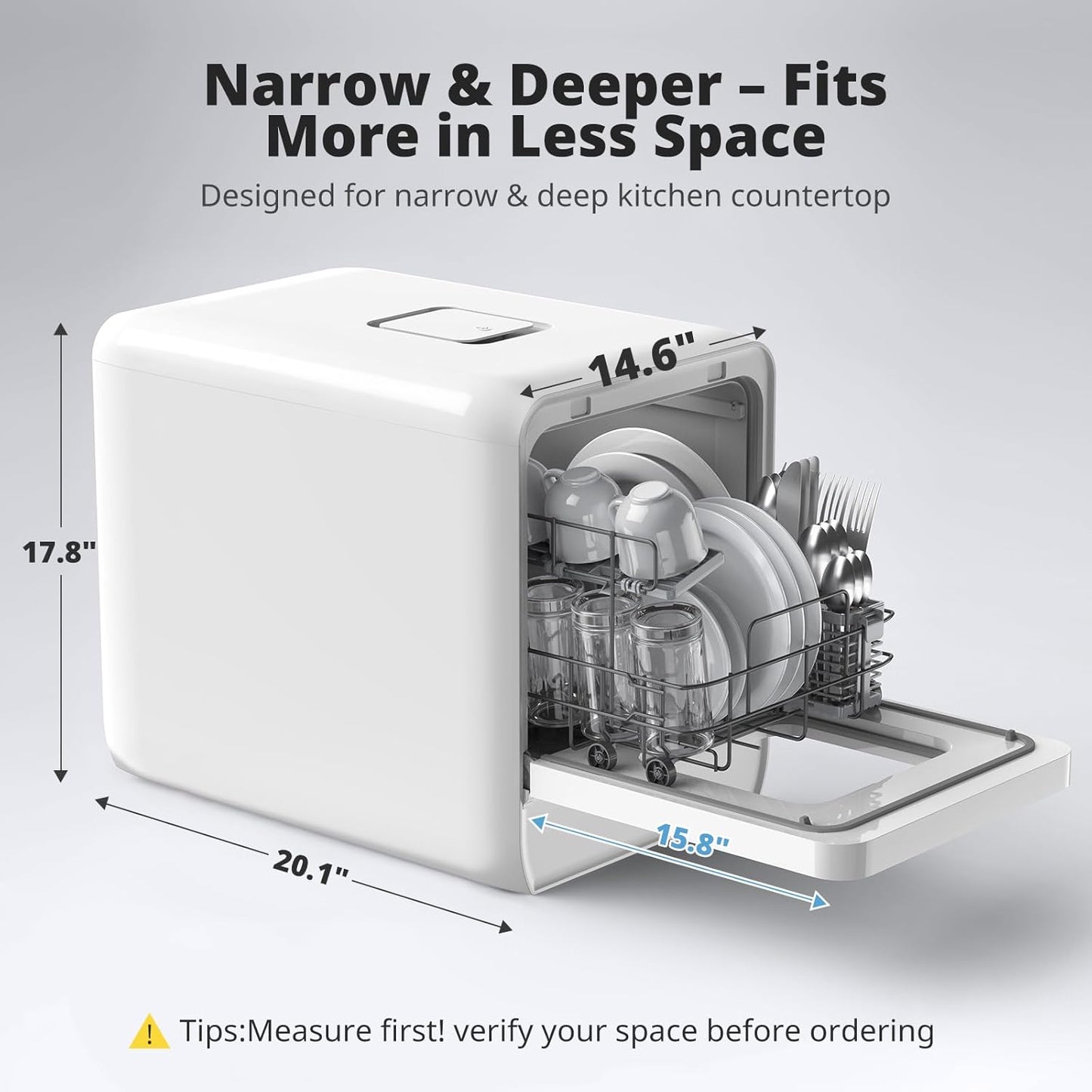 AIRMSEN Portable Countertop Dishwasher with 5L Water Tank, Mini Dishwasher with 14.6” Narrow & 20.1“ Deep Design, 9 Programs, 24H Delay Start & 360° Dual Spray, No Hookup Needed, C01, White