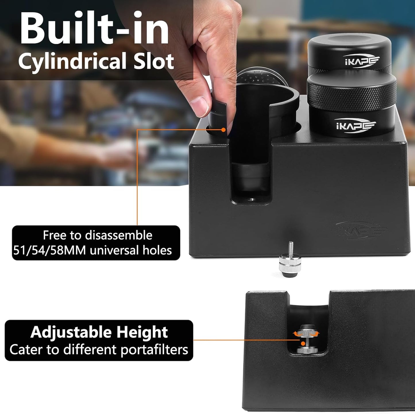 IKAPE ABS Espresso Knock Box, 7 in 1 Coffee Organizer Box Fit for Storage 51, 54, 58MM Espresso Tamper, Distributor, Portafilter & Puck Screen Accessories(Black)