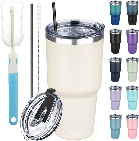 30 oz Tumbler with Lids and Straws, Stainless Steel Insulated Coffee Tumbler, Double Wall Vacuum Insulated Travel Mug Cup, Leakproof Thermal Coffee Cup for Hot and Cold Drinks (Cream)