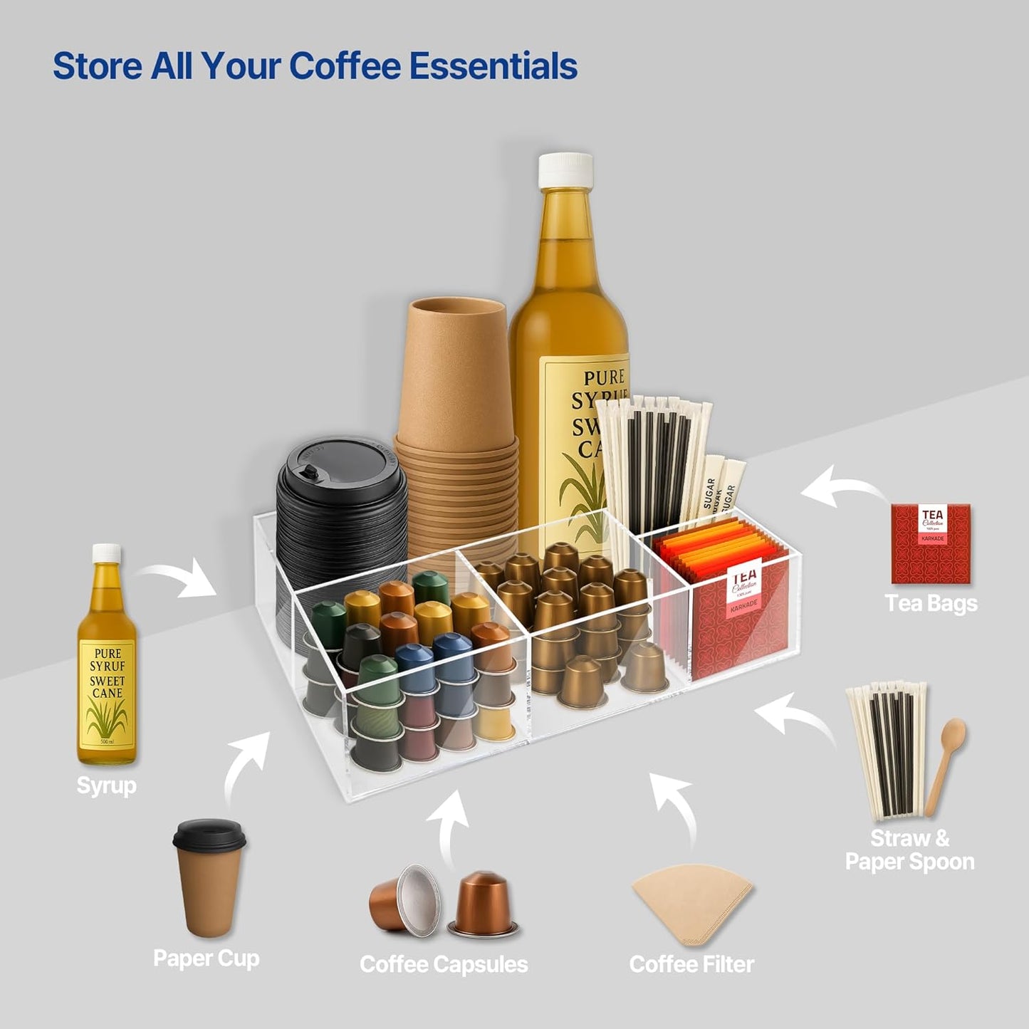 Acrylic Coffee Bar Station – Snack Tea Organizer & Storage Holder for Office Coffee Table – Perfect Countertop Setup for Syrup, Creamer, and Snack Accessories