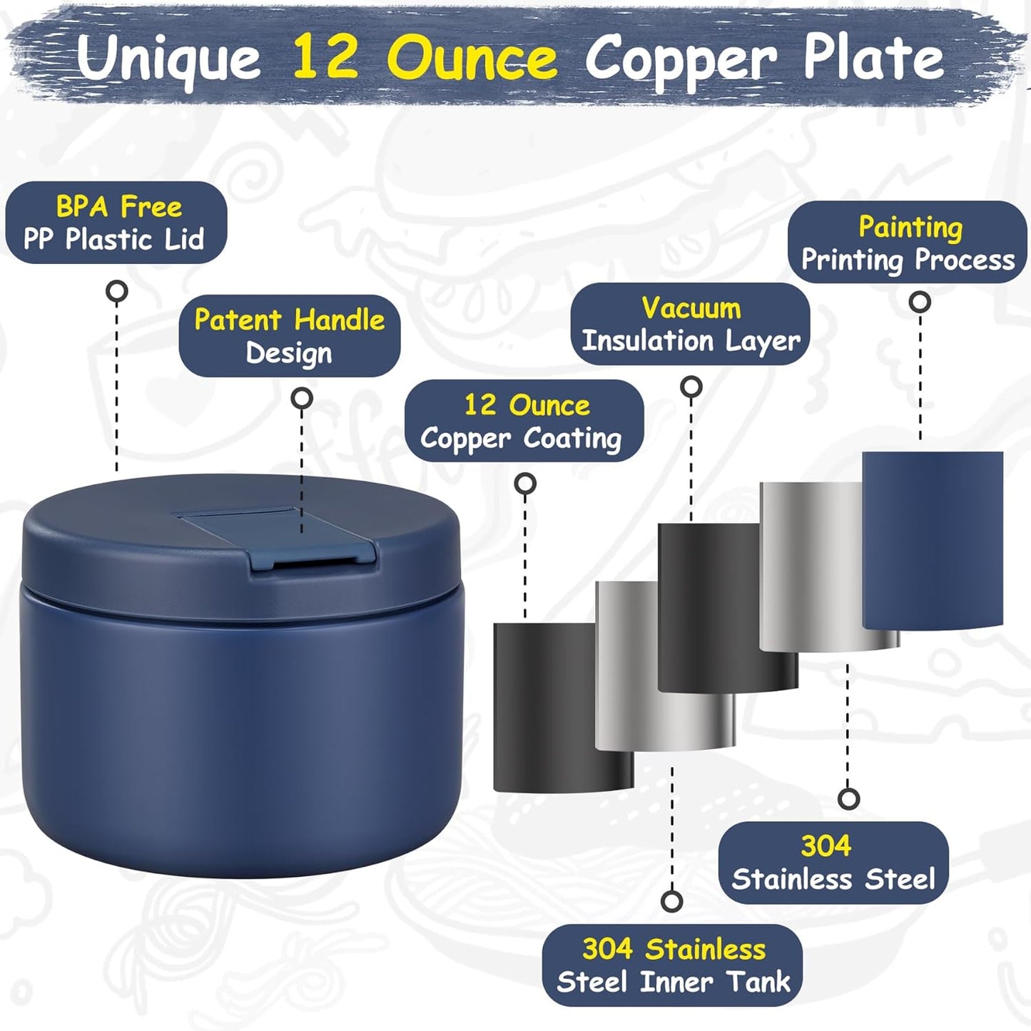 12oz Insulated Vacuum Food Jar with Buckle Lid Wide Mouth Soup Thermo for Hot Food Kids Leakproof Stainless Steel Lunch Container- Blue 1 Pack