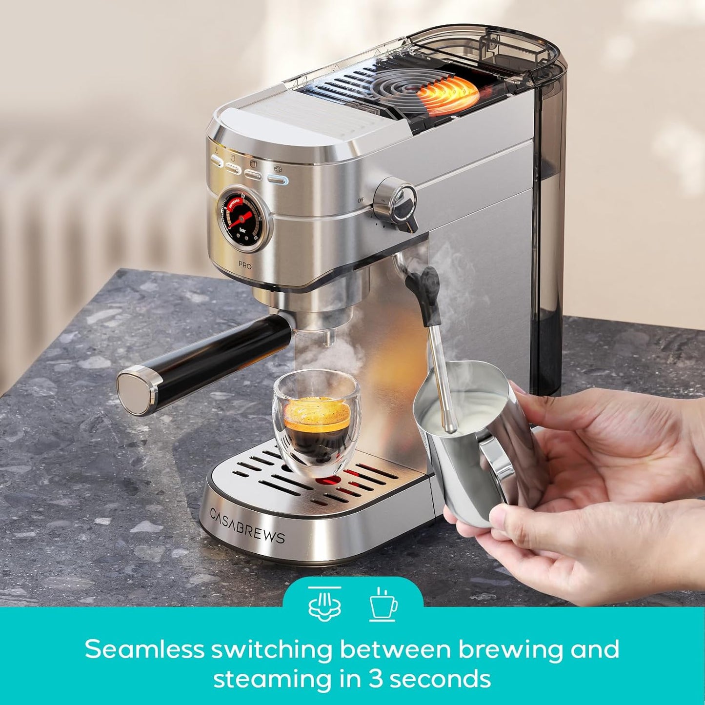 CASABREWS 5418 PRO Espresso Machine 20 Bar, Upgraded Espresso Maker with Powerful Steam Milk Frother, Stainless Steel Coffee Machine with Fast Heating System for Cappuccino, Latte, Silver