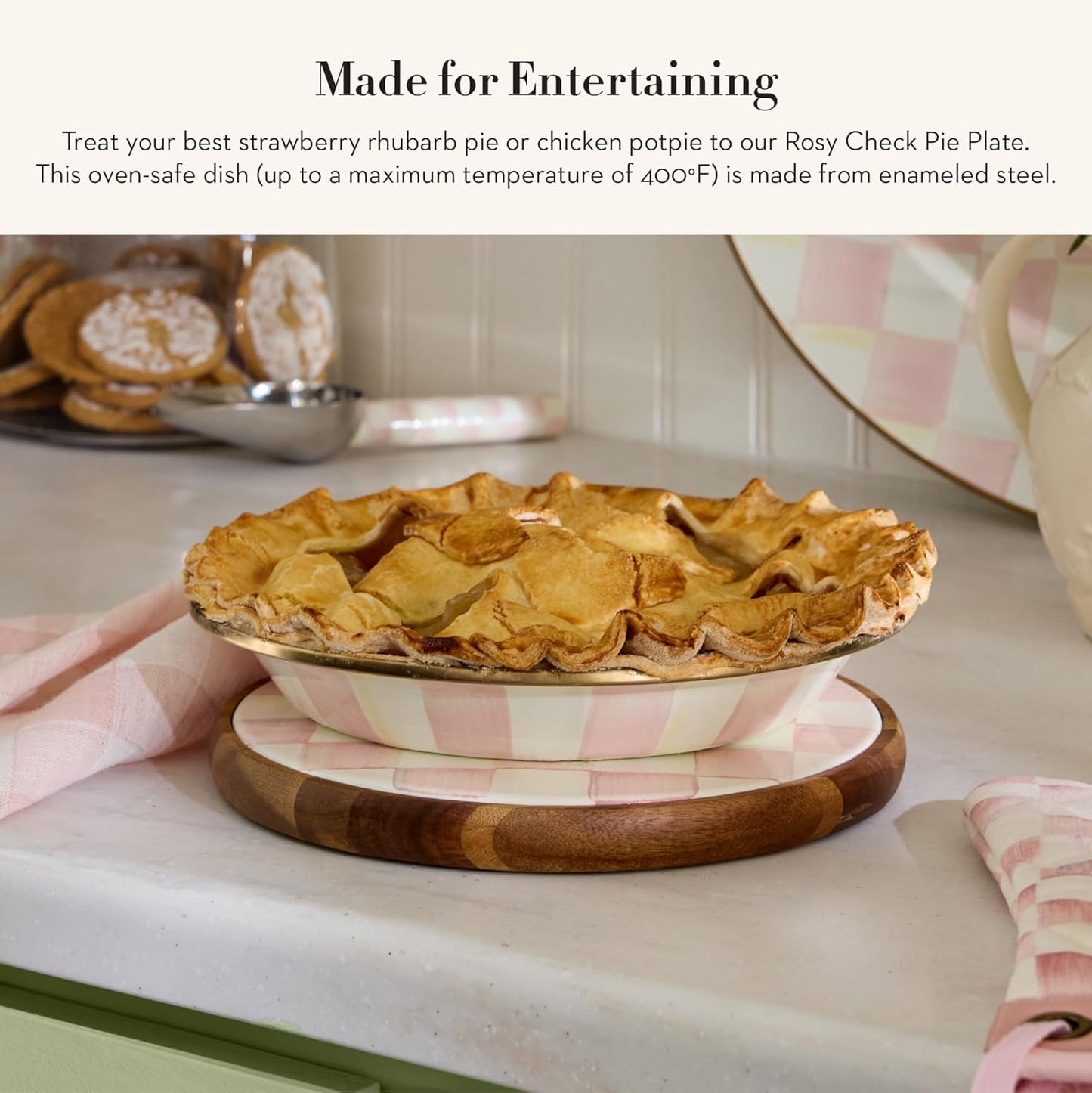 MACKENZIE-CHILDS Enamel Pie Plate, Ovenproof Pie Pan for Cooking and Serving, Pink-and-White Rosy Check