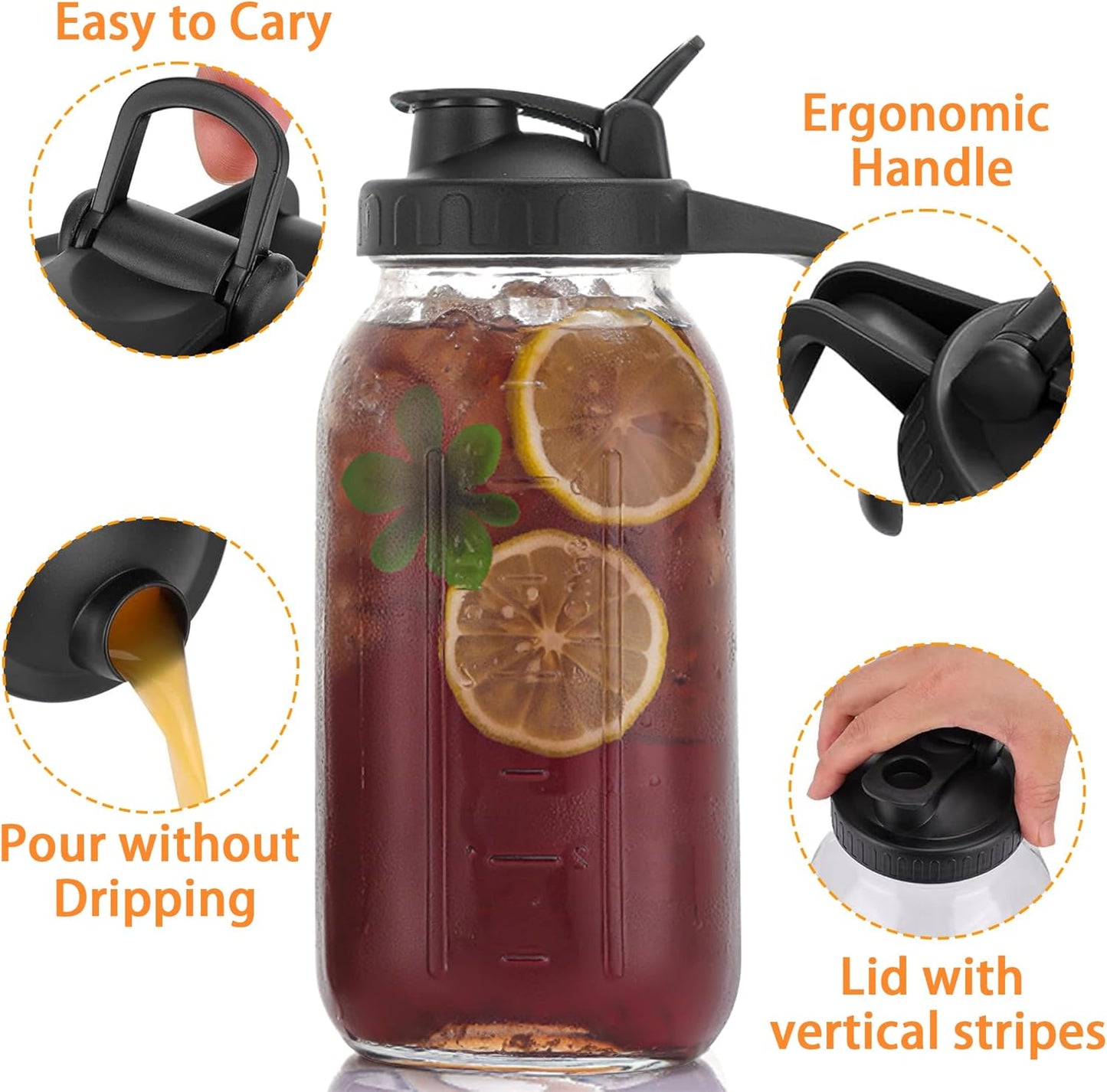 64oz Glass Pitcher with Lid-2 Quart, Heavy Duty Glass Mason Jar Pitcher 2 Packs, Leak-Proof Wide Mouth Jar with Pouring Airtight Lid, Ideal Container for Water, Juice, Milk and Drinks Storage