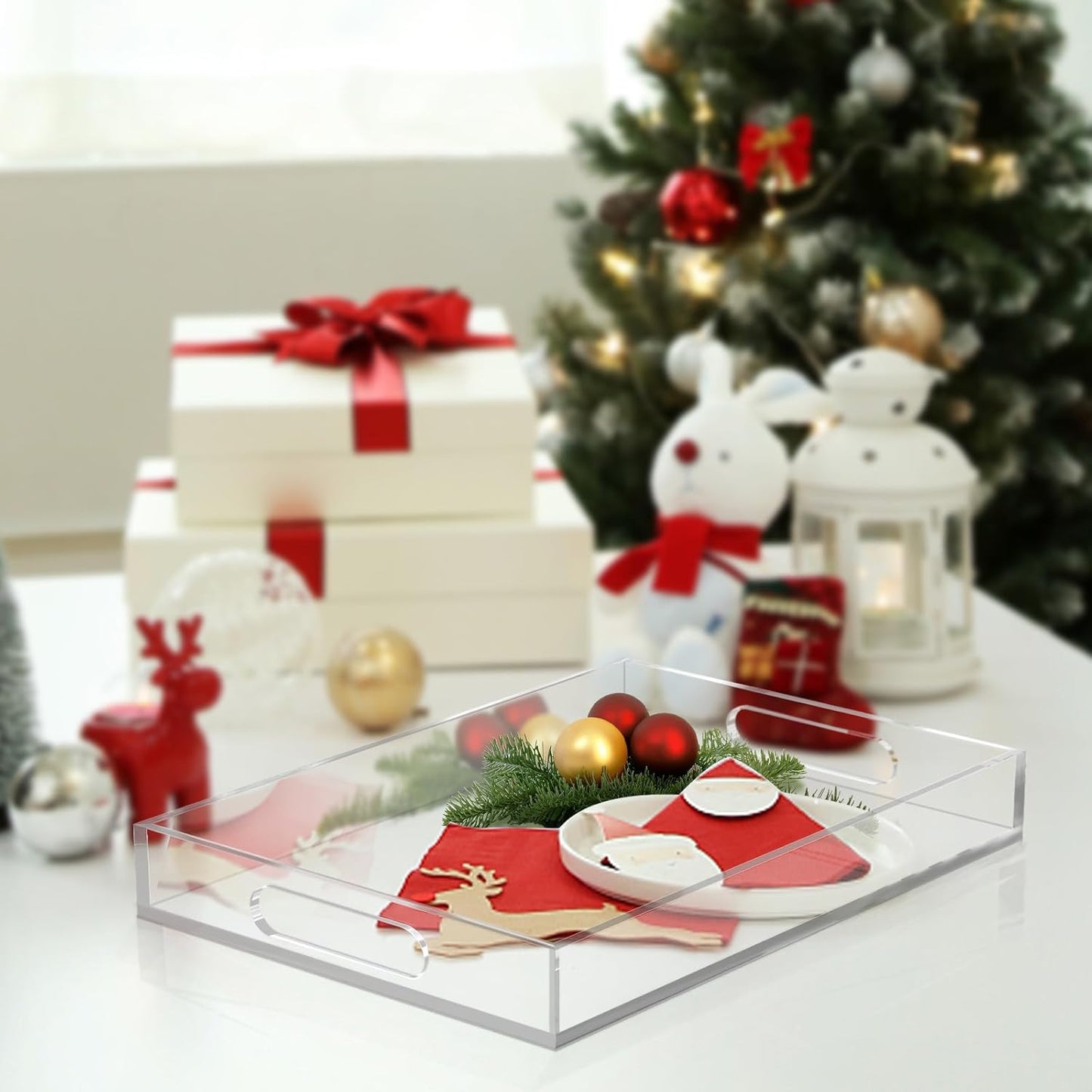 Acrylic Organizers Tray - 11.2"x7.9" with Handle for Ottoman, Coffee Table, Kitchen, Bathroom & Living Room