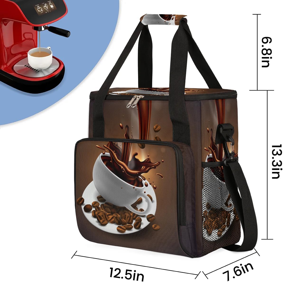 Hot Coffee Print Maker Carring Bag Coffee Travel Carrying Storage Tote Bag Compatible with Keurig K-Mini or K-Mini Plus Portable Single Serve Coffee Brewer Case for K-cup Pods