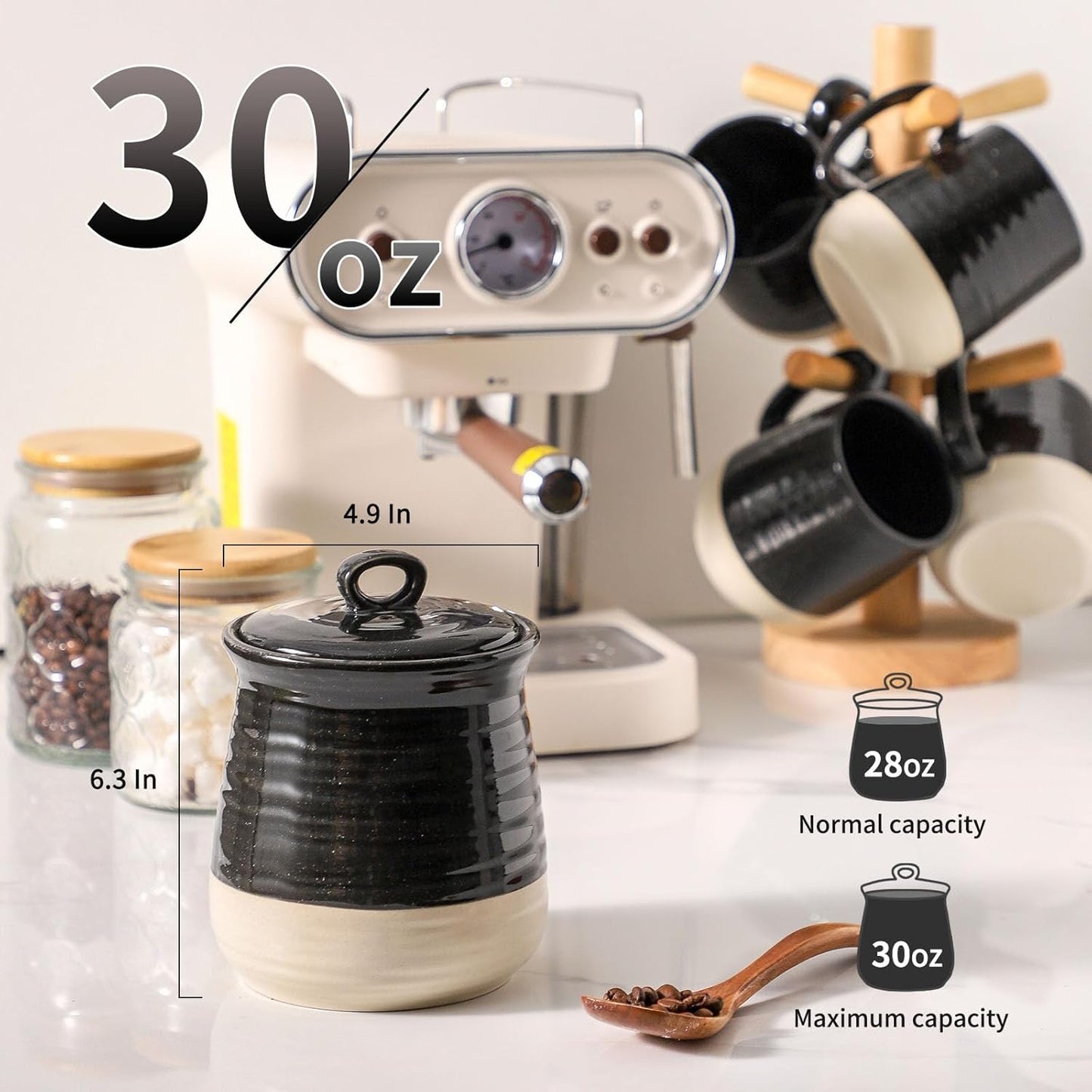 Hasense Ceramic Food Storage Jar with Airtight Lid, Coffee Cookie Containers for Kitchen Counter, 30 FL OZ Kitchen Canisters for Coffee Beans, Tea, Sugar, Candy, Black Kitchen Decor