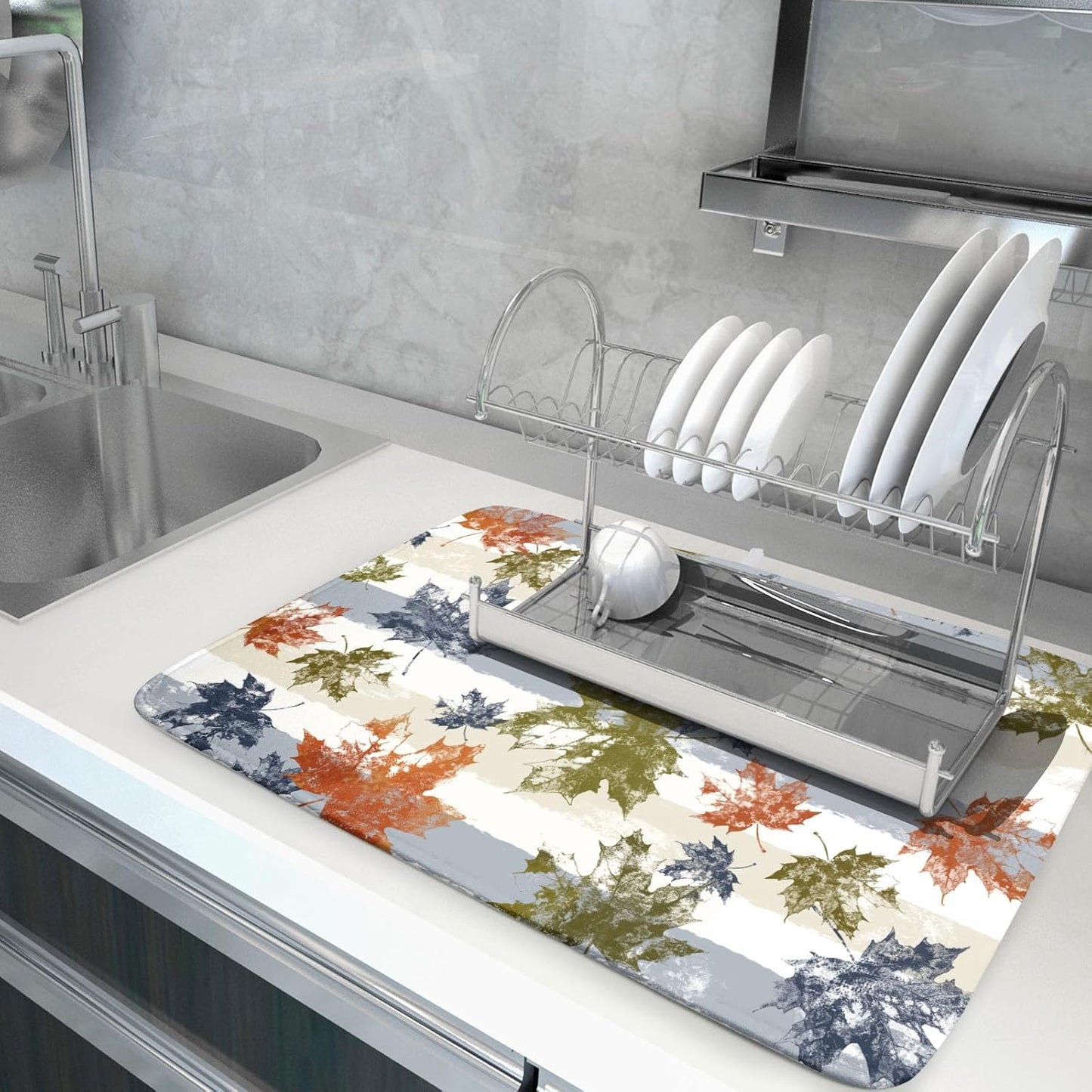 Autumn Colorful Maple Leaves Dish Drying Mat for Kitchen Counter,Blue and White Stripe Drying Mat 18 x 24 Inch with Absorbent Reversible Microfiber Dish Drying Pad Dish Rack Drainer Mat for Coffee Bar