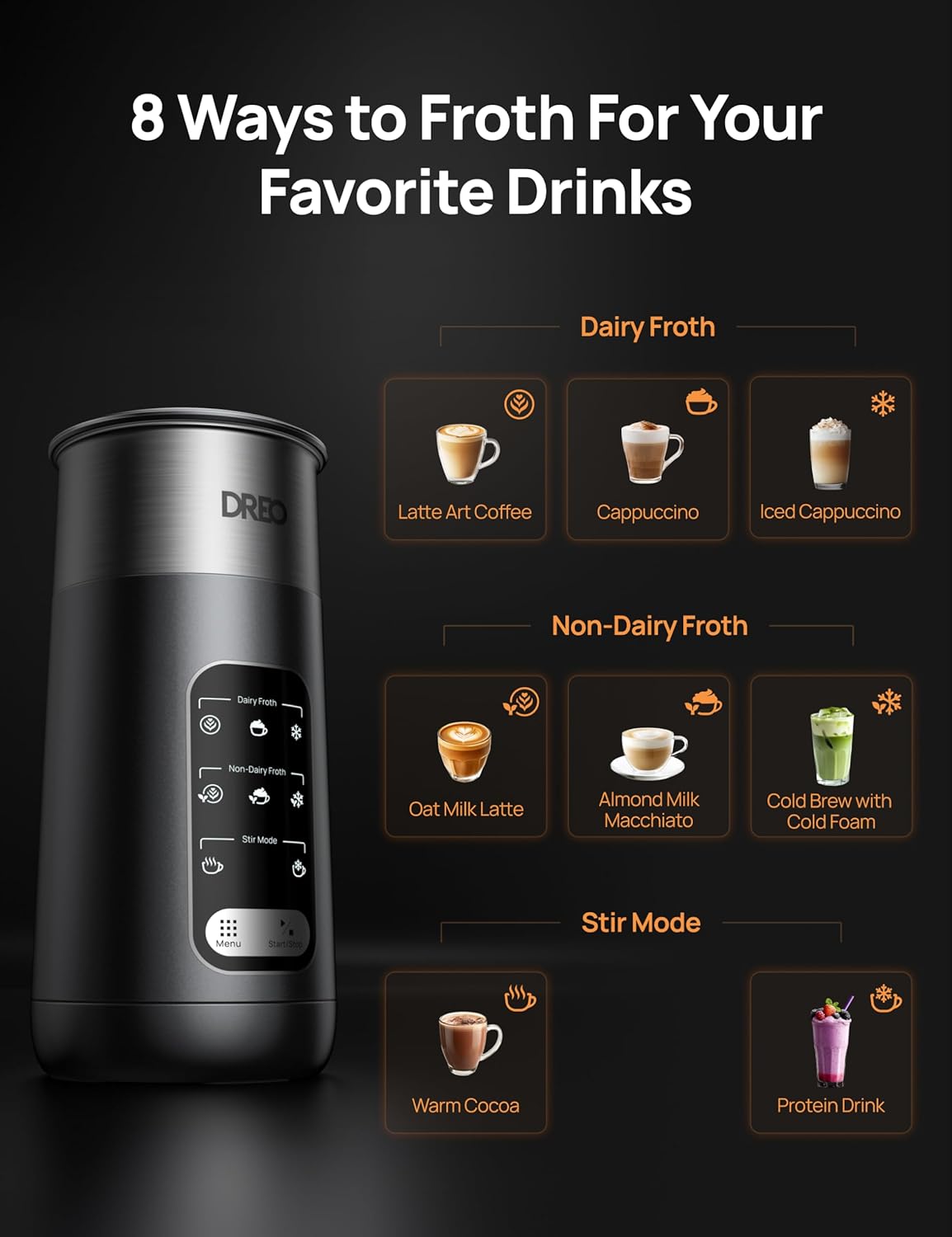 DREO 8-in-1 Milk Frother, Electric Stainless Steel Frother for Latte Art Microfoam and Coffee, 9oz/270ml Warm and Cold Foam Automatic Frothers, LED, Easy to Clean