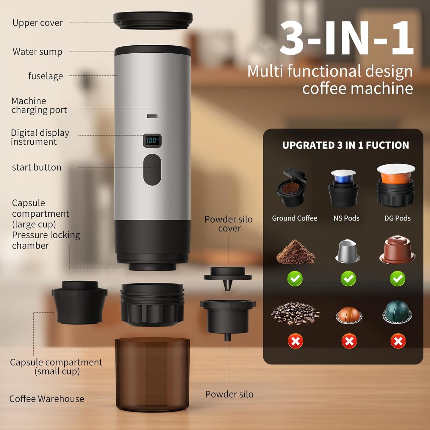 3-in-1 Portable Coffee Maker, Espresso Machine, Self-Heating Travel Coffee Maker Compatible with NS, DG Pods & Ground Coffee, Small Mini Espresso Machine for Car Camping, Hiking With Stand (grey)