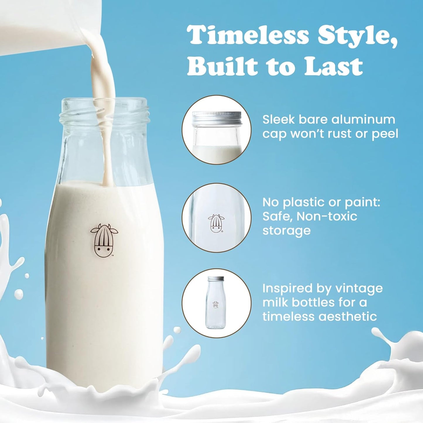 Almond Cow 300ml Glass Jar with Rust-Resistant Aluminum Cap - Reusable, Eco-Friendly Storage for Plant-Based Milk, Creamers, Wellness Shots, and Ingredients - Minimalist, Vintage-Inspired Design