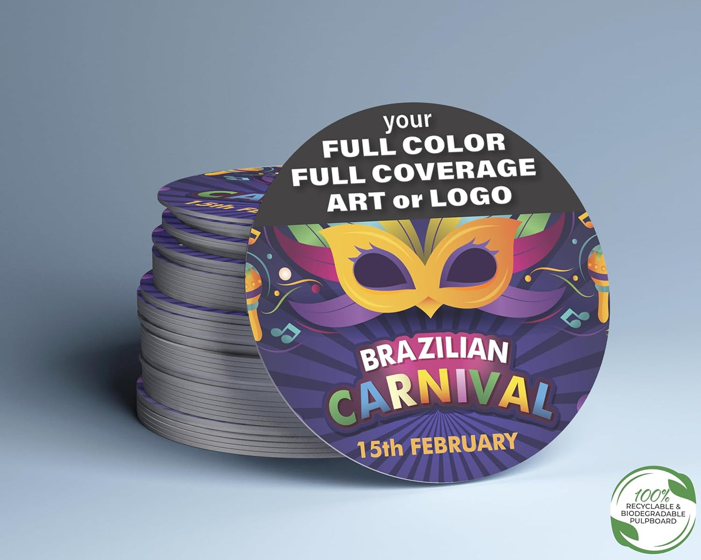 B.E. Green Custom Coasters - Pulpboard Personalized Coasters for Drinks - Full Color Print - Reusable & Absorbent - Beverage Coaster - Promo Events & Celebrations - Pack of 50-4" Round Full Coverage