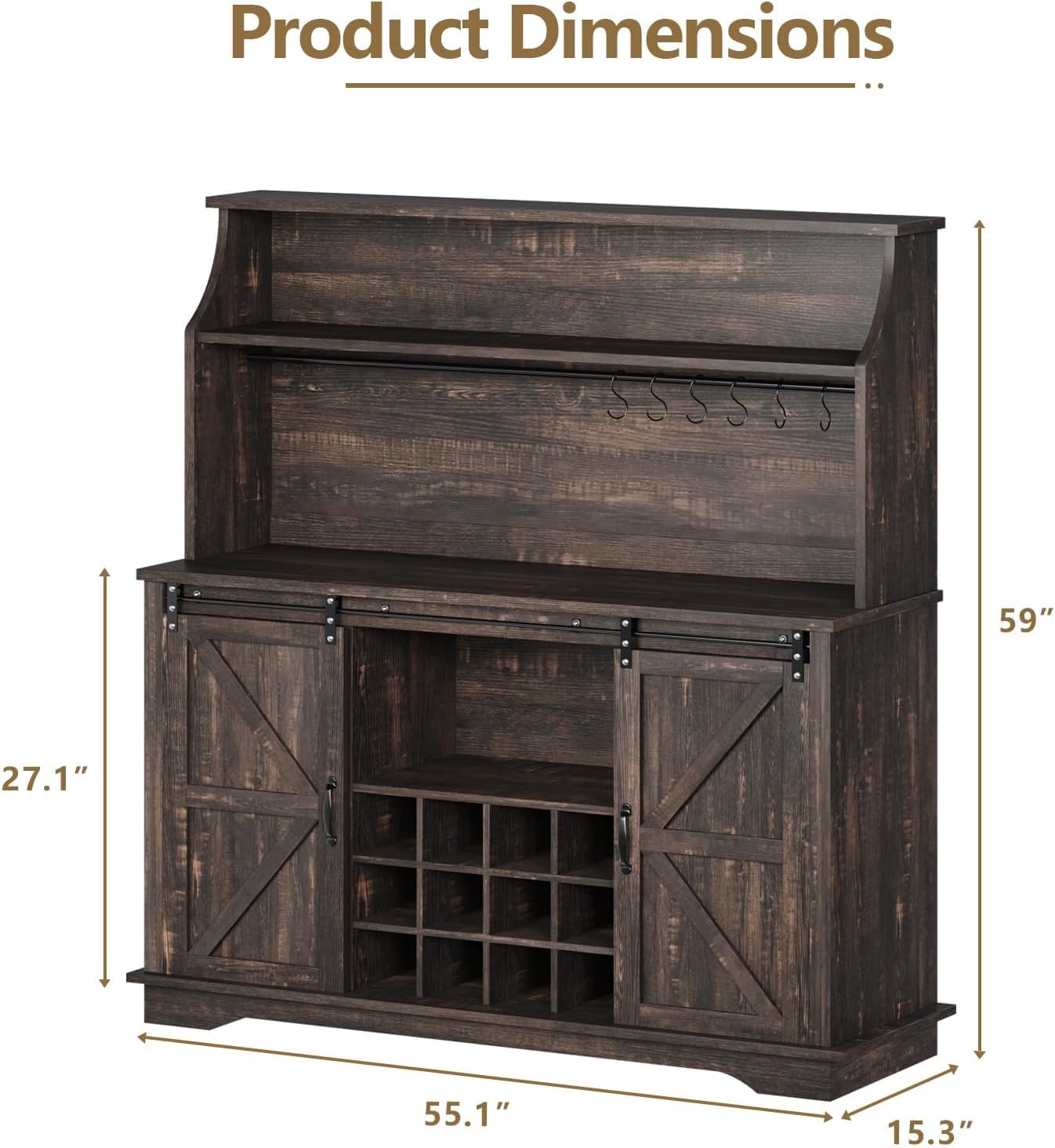 55 Inch Farmhouse Coffee Bar Cabinet with 3-Tier Storage, Kitchen Hutch with12 Wine Racks & 3 Glass Holders, Coffee Bar with 6 Hooks, Wine Bar Cabinet for Dining Living Room, Oak