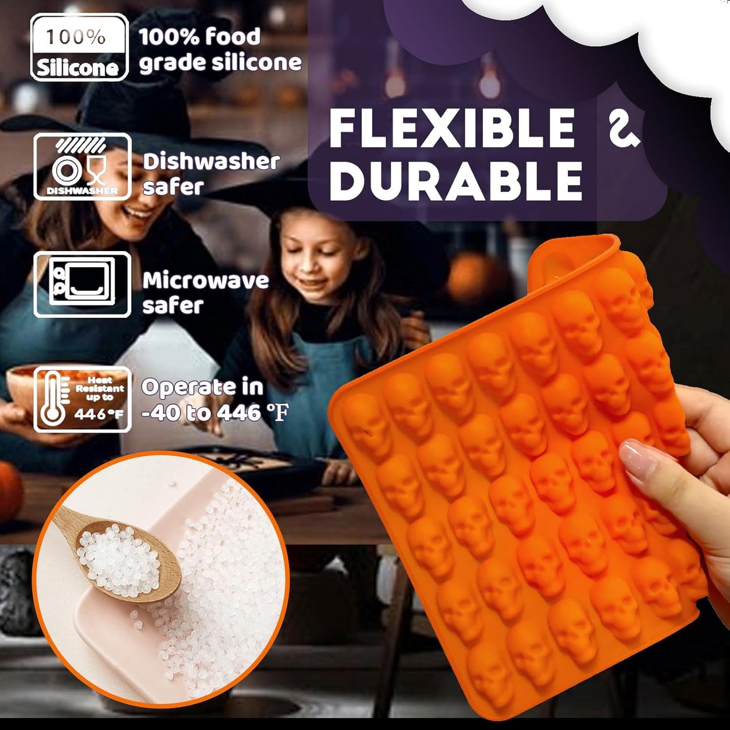 Mini Skull Molds Silicone Halloween for Candy Gummy Chocolate, 100 Cavity 2 pcs Small Head Shapes Freezing Tray Party Homemade 3D Caprese salad Wax Melts DIY Moulds BPA Free Kids Oven Safe