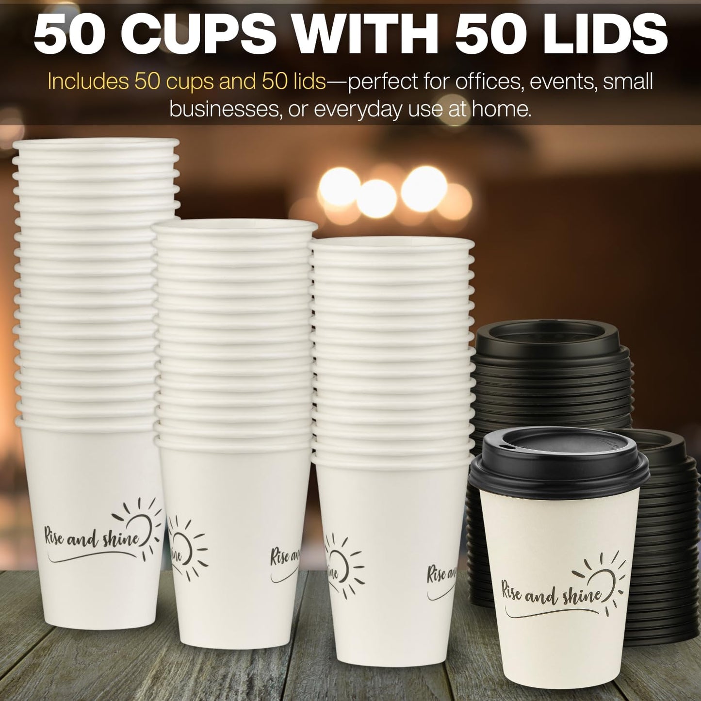 Smygoods Disposable Coffee Cups with Lids, To Go Paper Hot Cups, Rise and Shine Design (12 OZ, 50 Count) For Hot Beverages, Coffee, Tea, Espresso, Cocoa - Vasos Para Cafe