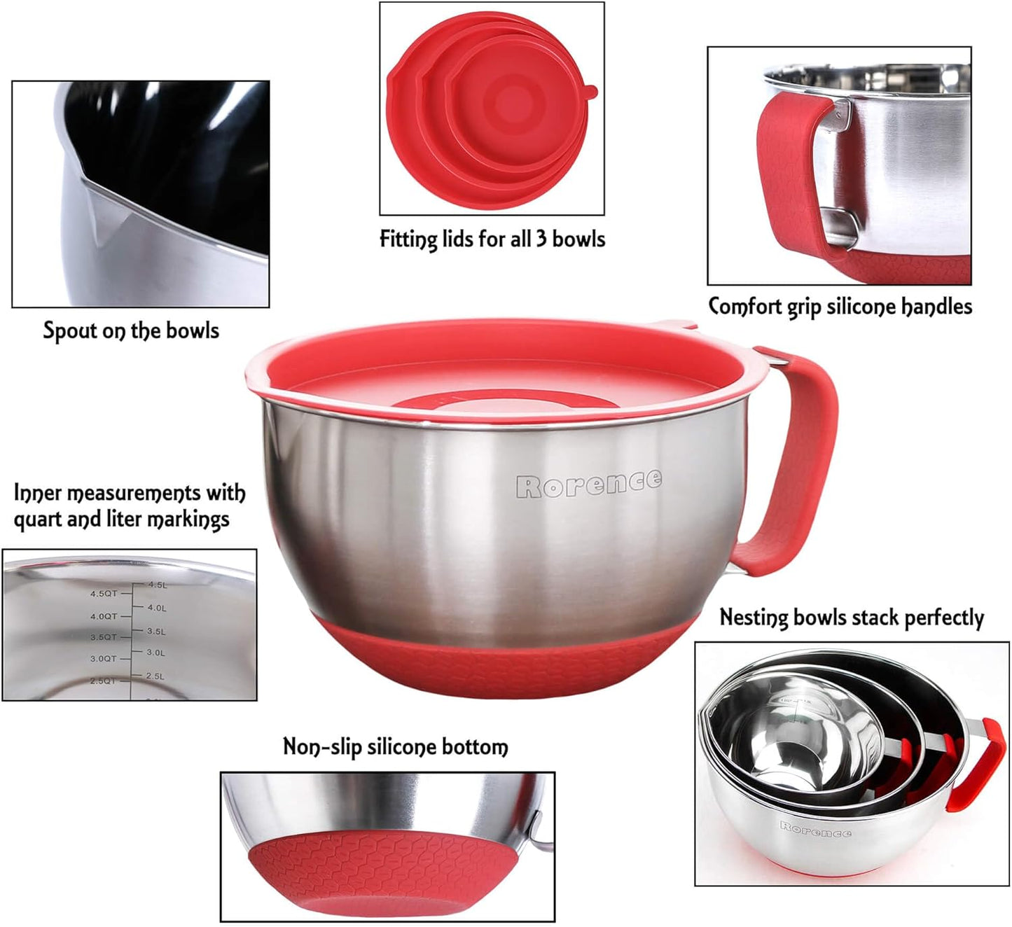 Rorence Stainless Steel Mixing Bowls: Metal Mixing Bowl Set with Lids and Handles Non-slip Silicone Bottom Nesting Bowls for Kitchen Set of 3 - Red