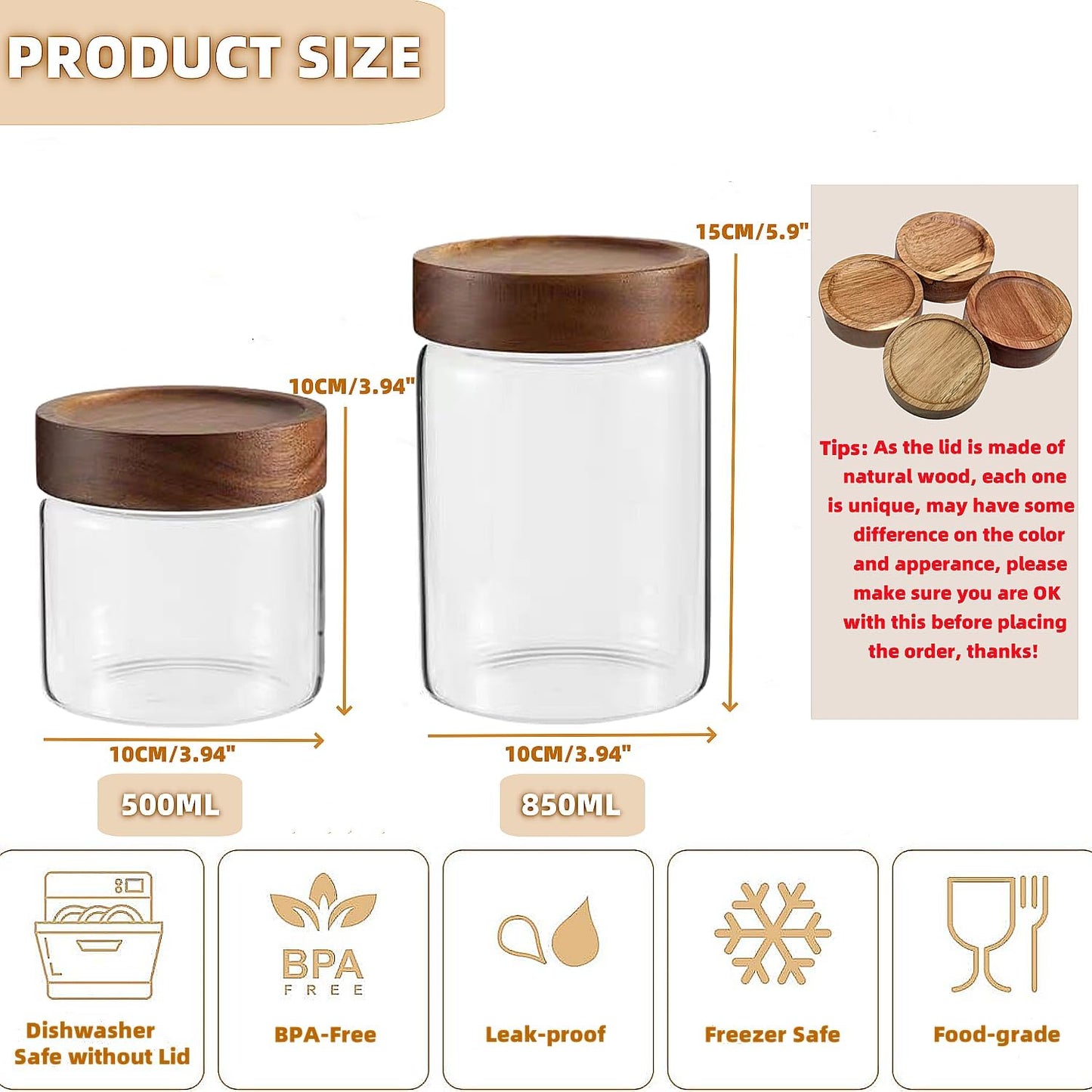 28 Fl oz/850 ml Glass Food Storage Jar, Premium Clear Glass Container Jar with Airtight Wooden Screw Lid, Kitchen Canisters for Coffee,Tea,Pasta,Cookies, Nuts,Spice,Candy,Overnight Oatmeal（Medium）
