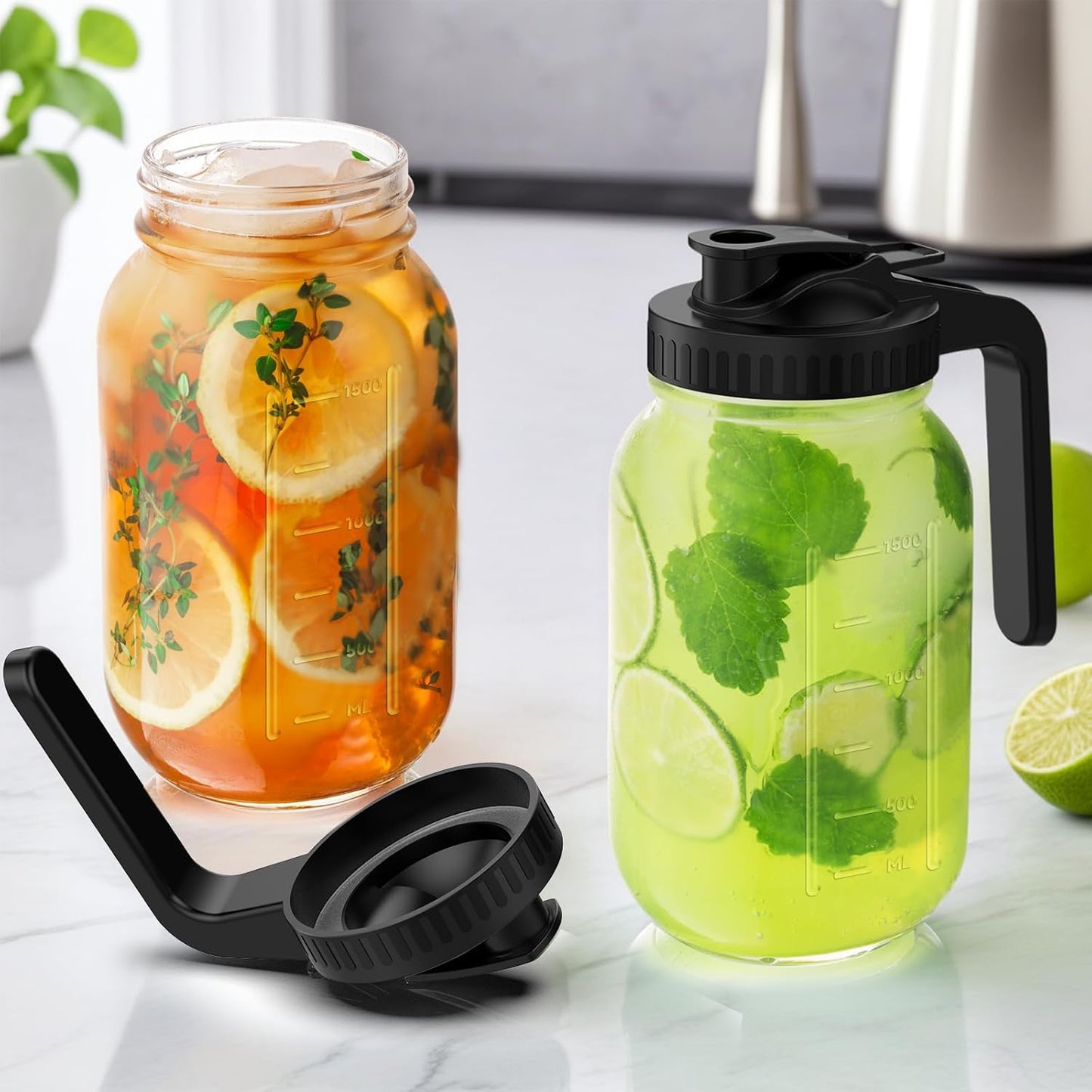3-Pack 64oz Glass Mason Jar Pitchers with Leak-Proof Lids and Handles – Wide Mouth Design for Sun Tea, Cold Brew, Lemonade, Juice, Iced Tea, and Water