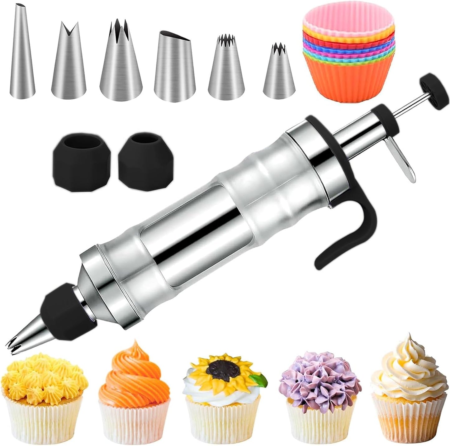 Suuker Dessert Decorating Syringe Set, Frosting Piping Kit Stainless Steels Cake Decorating Tools with 6 Icing Tips Cupcake Decorating Kit