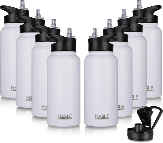 HASLE OUTFITTERS 32 oz Insulated Water Bottle Stainless Steel Double Walled Vacuum Sports Water Bottle with 2 Lids (Straw and Spout Lid) for Gym Camping Hiking(White,8)