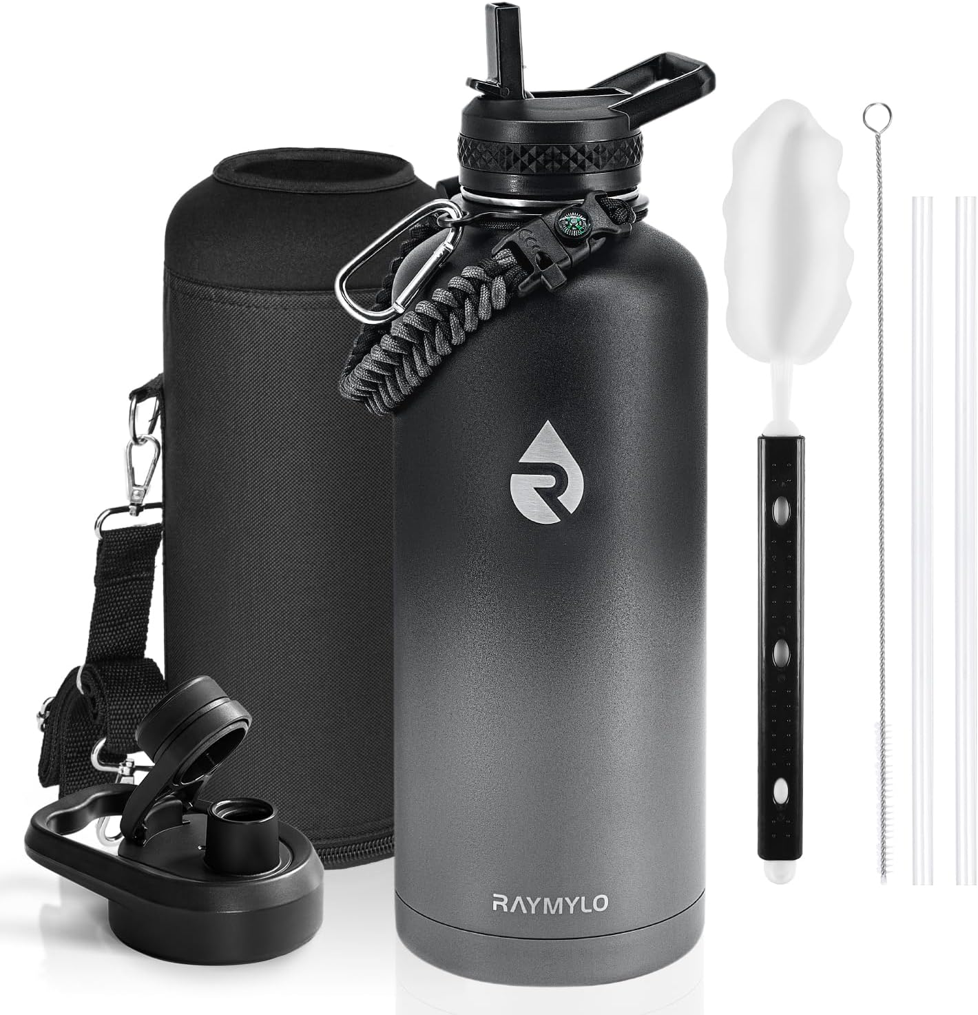 Insulated Water Bottle 87 oz, Triple Wall Vacuum Stainless Steel (Cold for 48 Hrs), Leak Proof & Non-BPA, Modern Water Flask Jug with Paracord Handle & Straw Spout Lids, Dark Grey