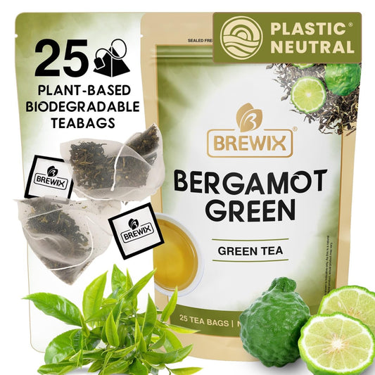BREWIX, Bergamot Green Tea (25 Pyramid Tea Bags) | Caffeinated Tea Loose Leaf Earl Grey Green Tea With Pure Bergamot | High Elevation Grown