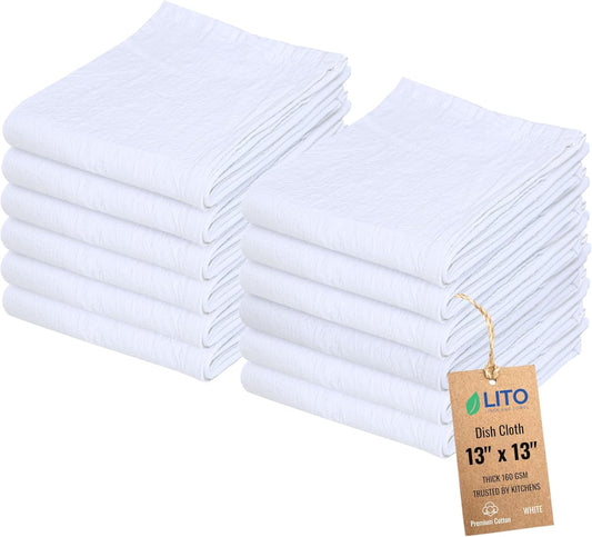 Dish Cloths Cotton| Kitchen Wash Cloth | Shop Towels Absorbent and Lint Free Flour Sack| Dishcloths for Kitchen Washing Dishes| Thick Absorbent Quick Dry Dish Rags | 12 Pack 13"x13" White