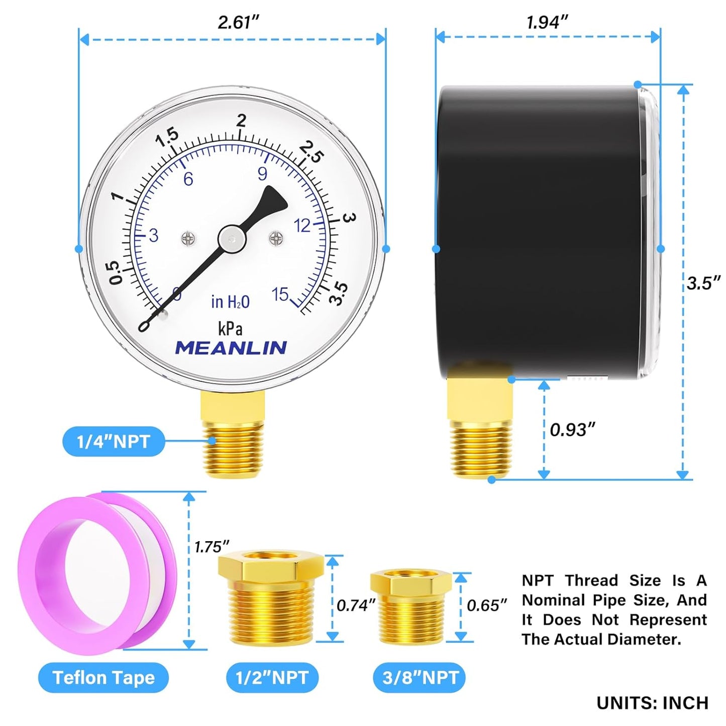MEANLIN MEASURE 0-15 in H2O Diaphragm Type Capsule Low-Pressure Gauge, Water Column Gauge, 2.6" Dial, 1/4" NPT, Rear Adjustable Knob, with 1/2" NPT and 3/8" NPT Hex Bushing, Lower Mount