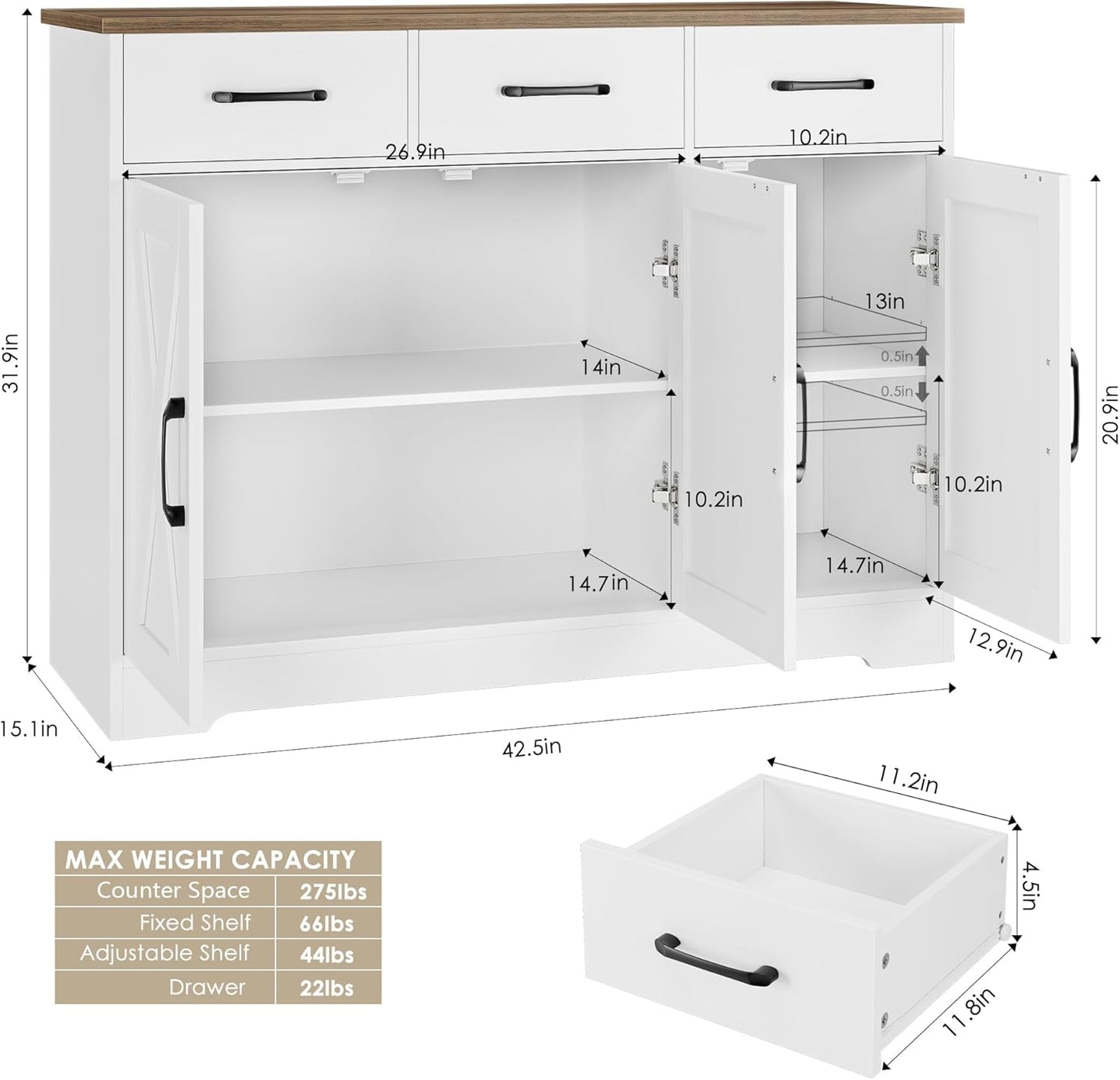 HOSTACK Modern Farmhouse Sideboard Buffet Cabinet, Barn Doors Buffet Storage Cabinet with Drawers and Shelves, Wood Coffee Bar with Storage for Kitchen, Dining Room, Living Room, White