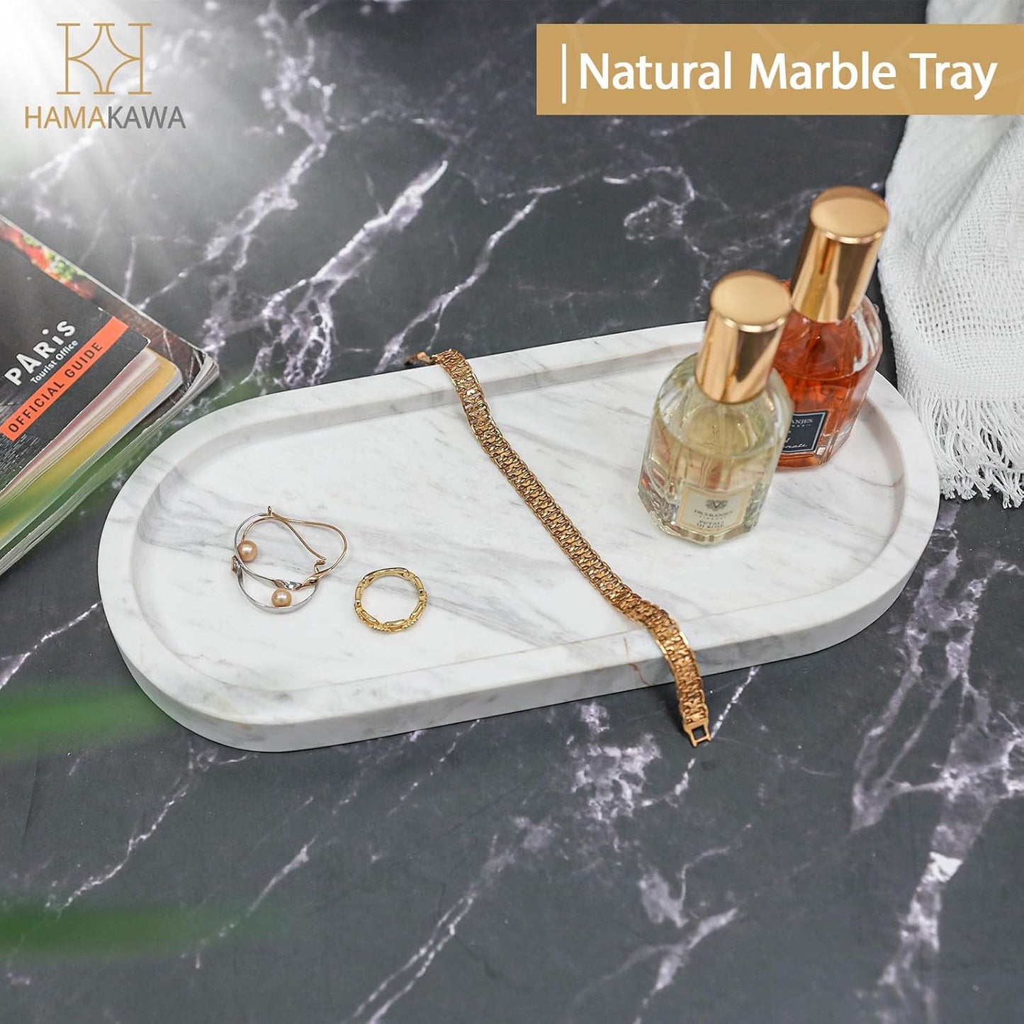 Bathroom Vanity Tray, Large Natural Marble Oval Sink Tray 10 Inch, Jazz White Limestone Dresser Tray for Soap Dispenser Modern Countertop Organizer for Kitchen Countertops, Home Decor