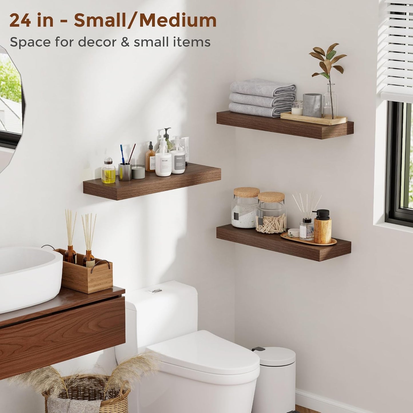 Heimlove 24 Inch Floating Shelves for Wall Walnut Shelves Set of 2,Wall Mounted Rustic Wood 8 Inch Deep Floating Shelf with Invisible Brackets for Bedroom Kitchen Living Room