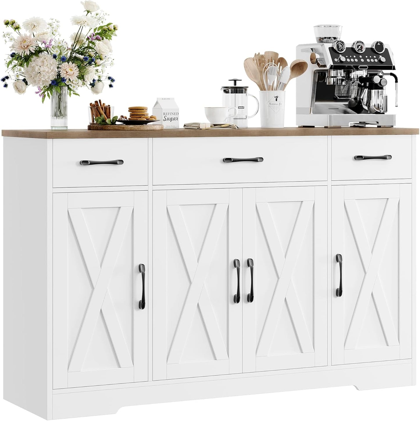 HOSTACK Buffet Cabinet with Drawers, 55" Large Sideboard Buffet Storage Cabinet with Shelves and Doors, Modern Farmhouse Coffee Bar Station Wood Kitchen Table for Kitchen, Dining Room, White/Rustic