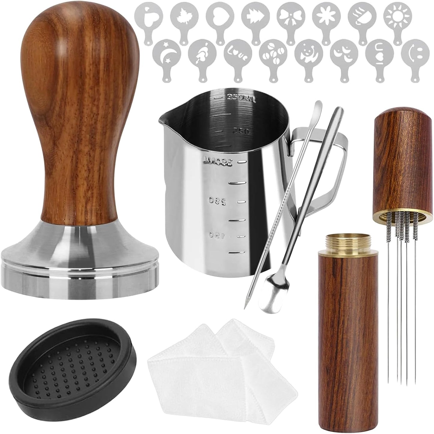 Gmnuiy51mm Coffee Tamper Set 23 PCS, Espresso Accessories Kit Barista Kit,316stainlesss Tamper & WDT Tool,316stainlesss Frothing Pitcher, Stirrer, Tamper Mat, Latte Art Pen Coffee puck screen