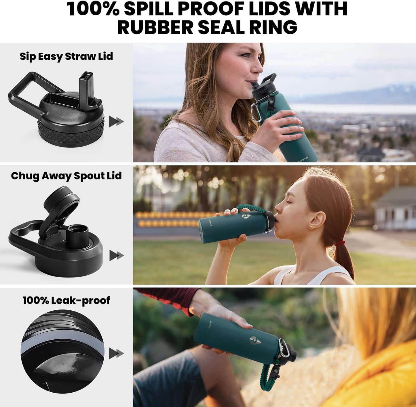 Insulated Water Bottle 40 oz, Triple Wall Vacuum Stainless Steel (Cold for 48 Hrs), Leak Proof & Non-BPA, Modern Water Flask Jug with Paracord Handle & Straw Spout Lids, Dark Green