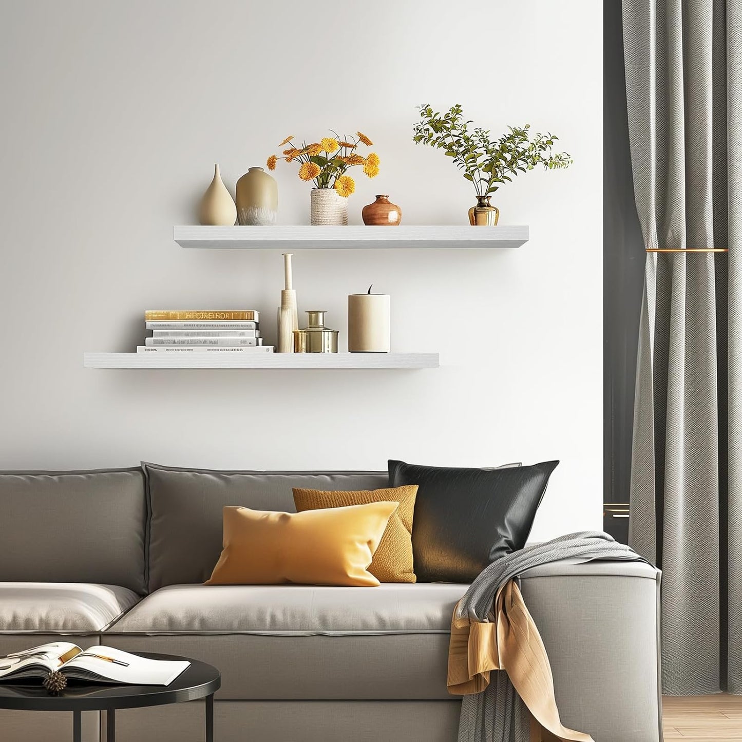 BAYKA Floating Shelves, 36" Wall Mounted Rustic Wood Shelves for Bathroom, Bedroom, Living Room, Kitchen, Office, Hanging Shelf for Books/Storage/Decor(White,Set of 2)