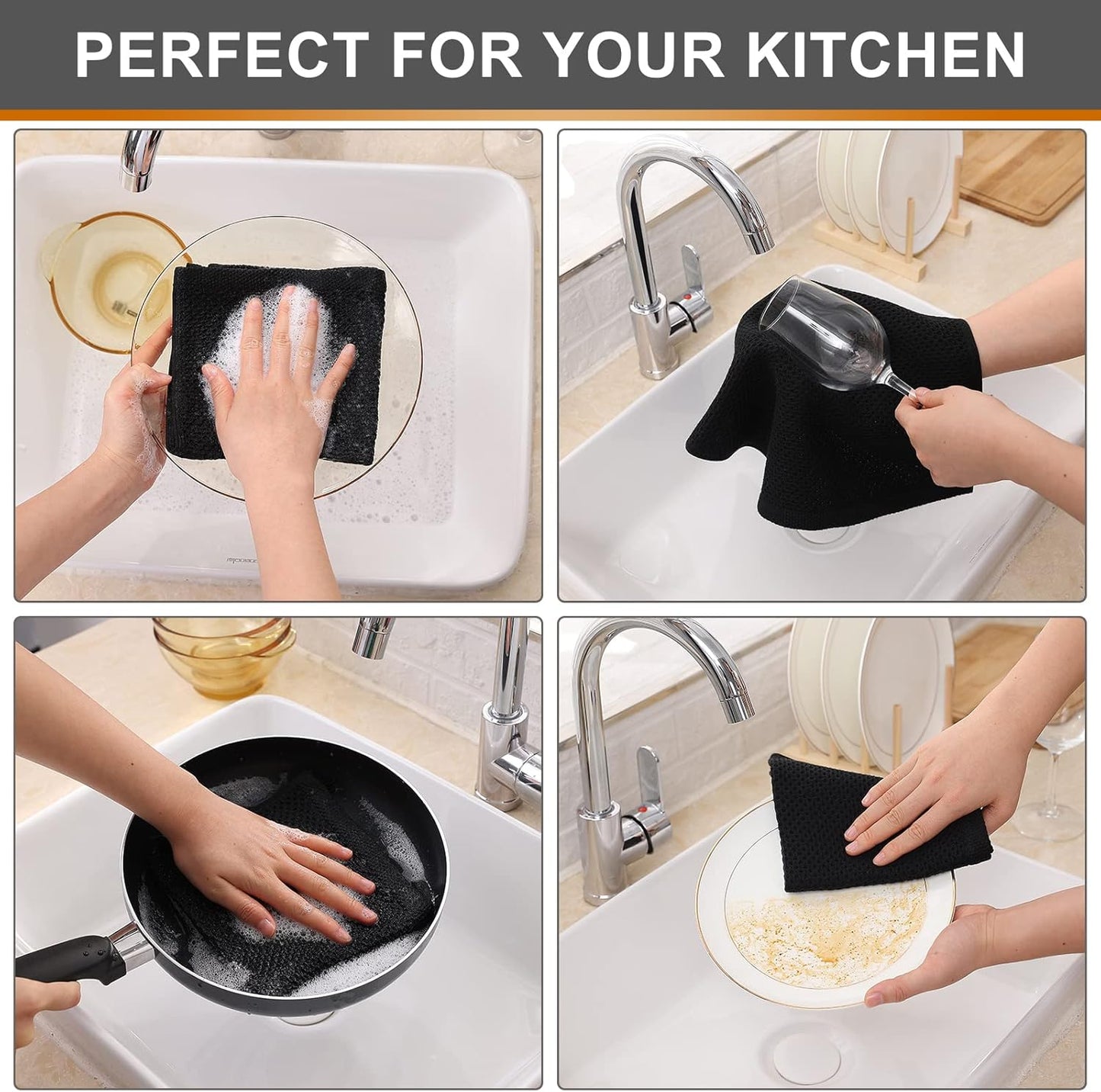 Kitinjoy 100% Cotton Kitchen Dish Cloths, 6 Pack Waffle Weave Dish Towels Ultra Soft Absorbent Quick Drying Dish Rags, 12 X 12 Inches, Black